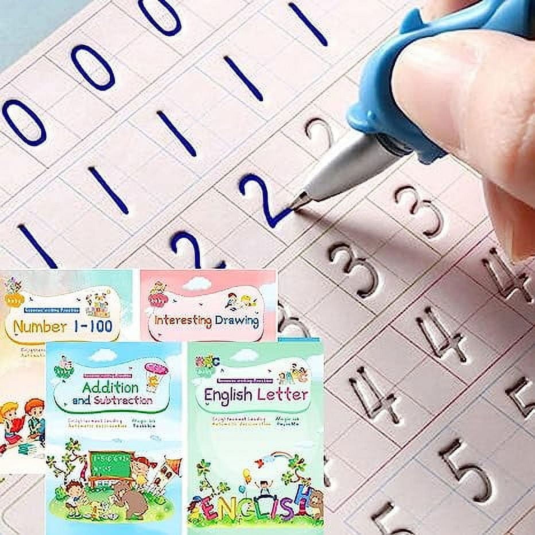 NVZI Magic Ink Reusable Handwriting Practice Copybooks for Kids with Grooves Template Design (4 Book Set with Pens) spask