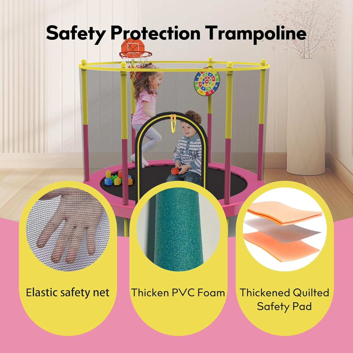 EAYSG 72 in Kids Trampoline with Safety Net, Basketball Hoop and Dart Board (Pink, 72 in) jmujb