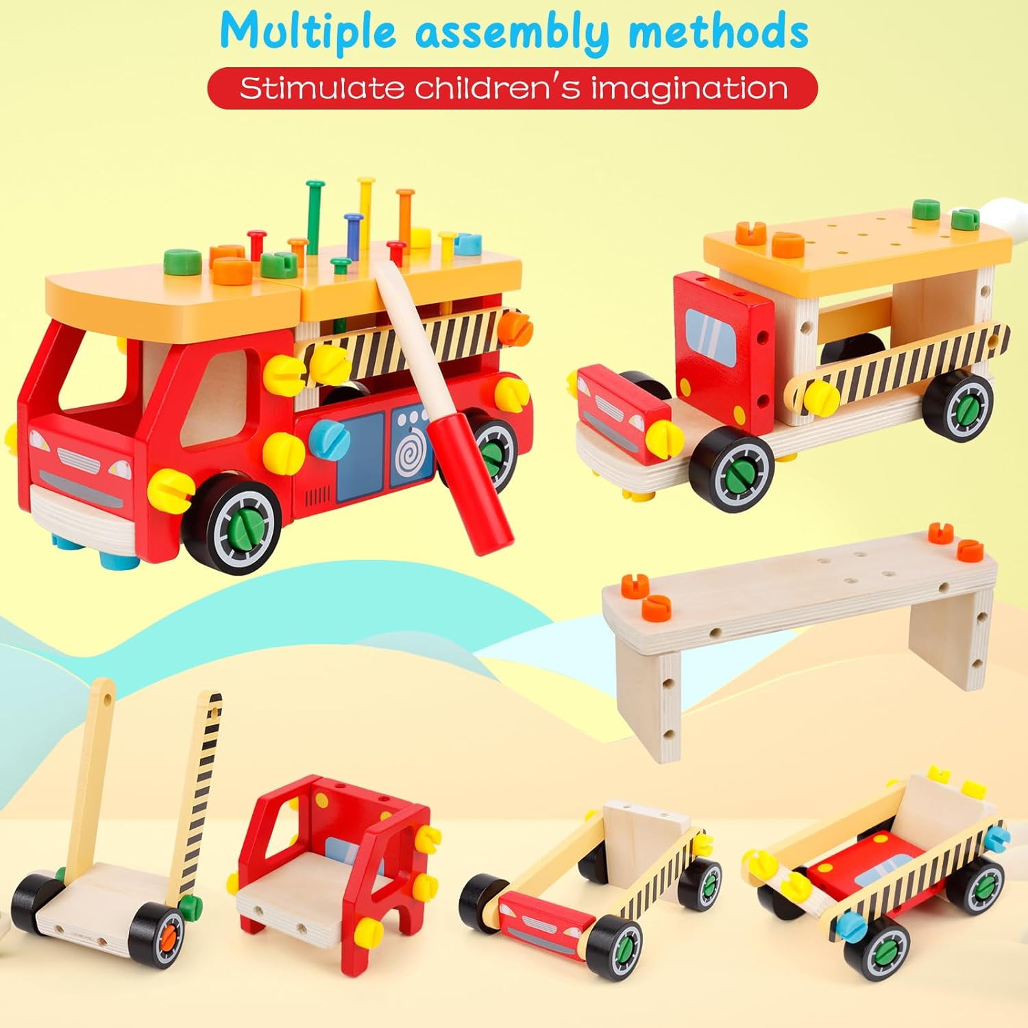 LTONLINE Wooden Toddler Tool Bench Montessori Construction Set (62 Pieces) u6r7m