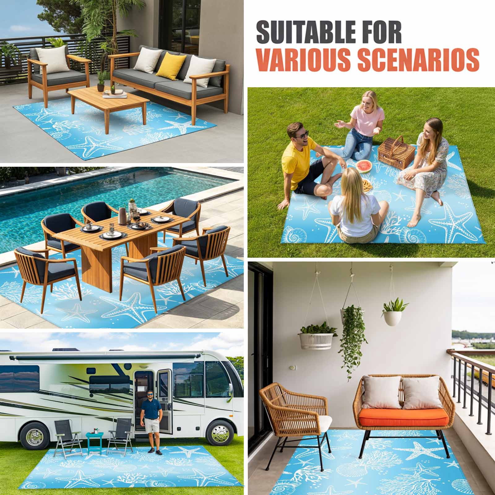 ERUNPONLY Coastal Outdoor Rug, Non-Slip Washable Area Carpet for Patio and Deck (Blue Ombre, 3 ft x 5 ft) 61tw2