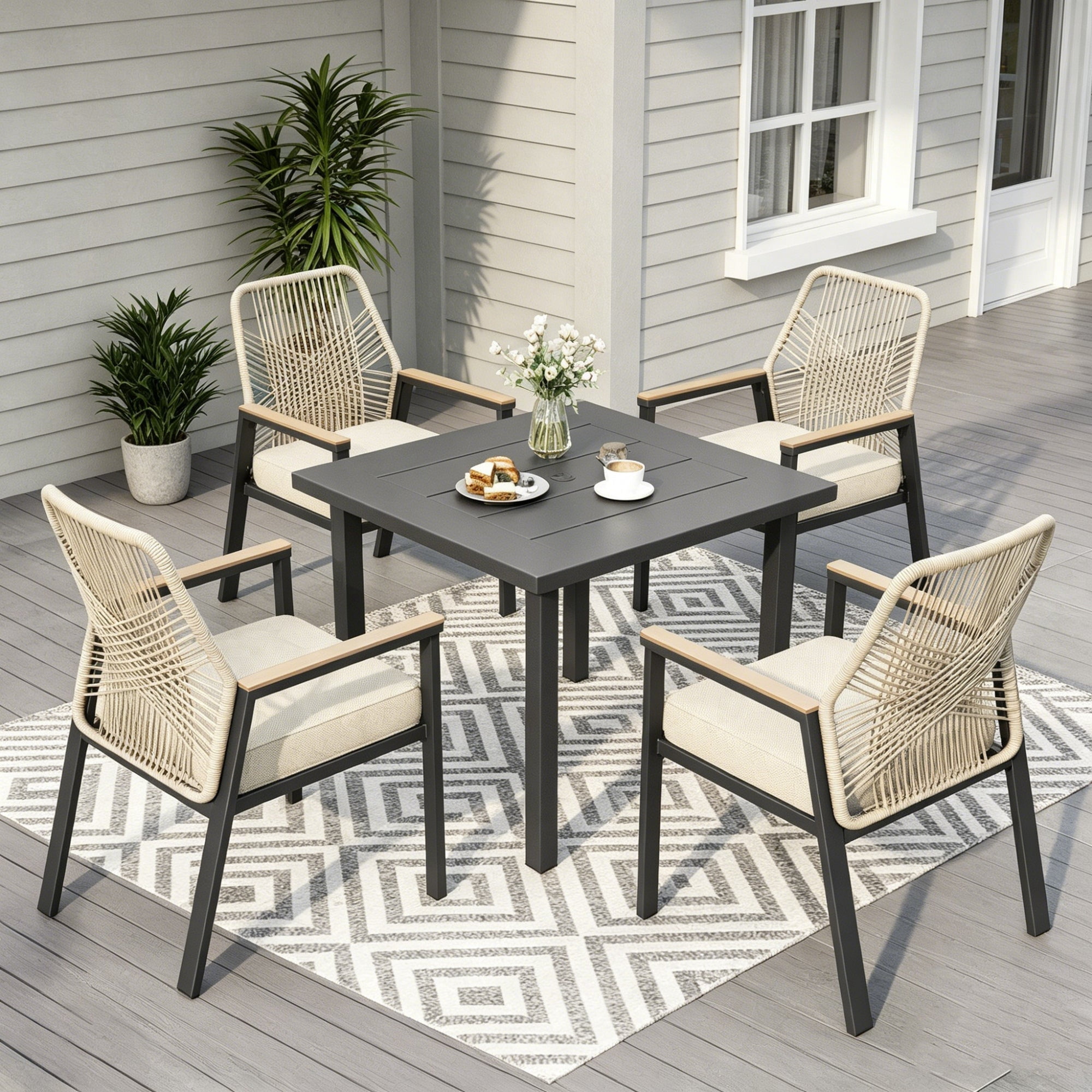 MF Studio 5-Piece Outdoor Patio Dining Set, Rattan Rope-Woven Chairs and 34.2 in Square Table (Black and Beige, 5-Piece Set) 0m3xf