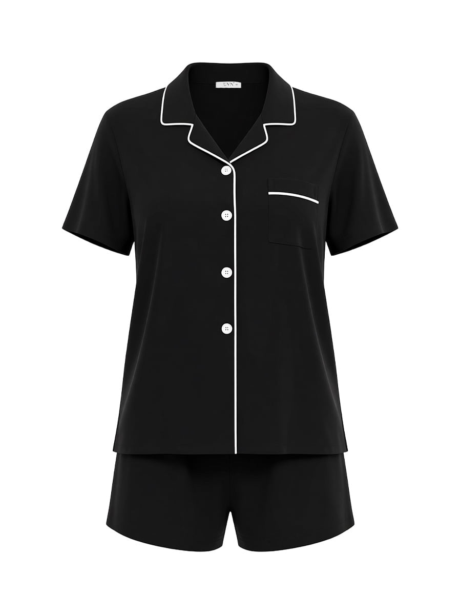 UVN Womens Pajama Set Button Down Short Sleeve Top and Drawstring Shorts Lounge Set (Black, S-3XL) ua1n3