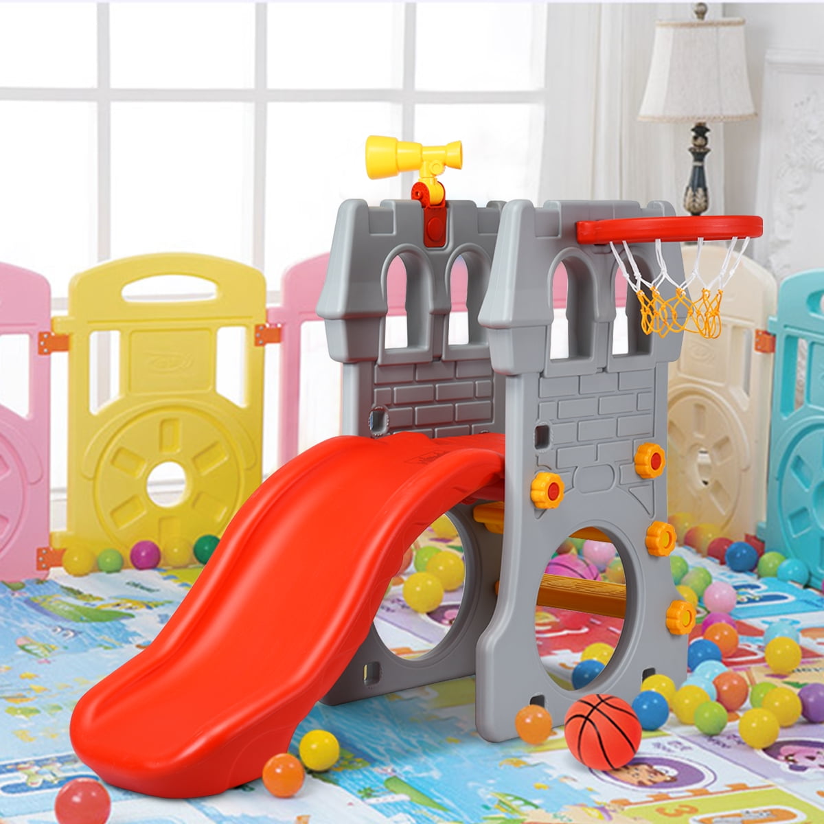 Costway Kids Castle Play Slide with Basketball Hoop and Telescope (Red, 54.5 in x 36.5 in x 45 in) fgnss