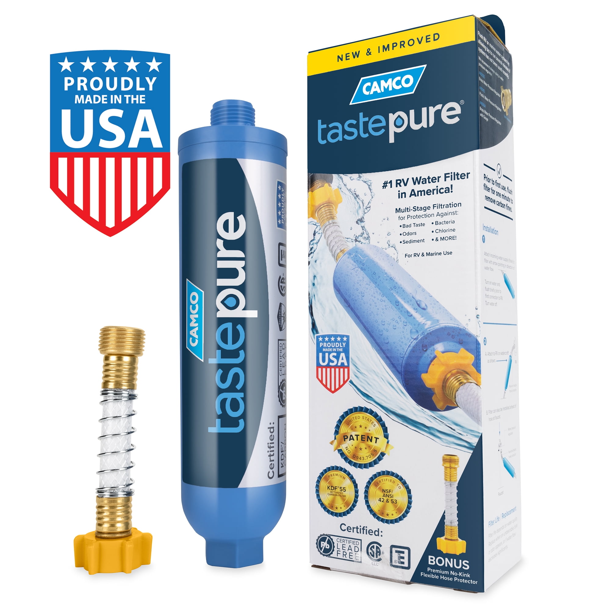 Camco TastePure RV Water Filter with Flexible Hose Protector (Blue, 1 Pack) pyao8