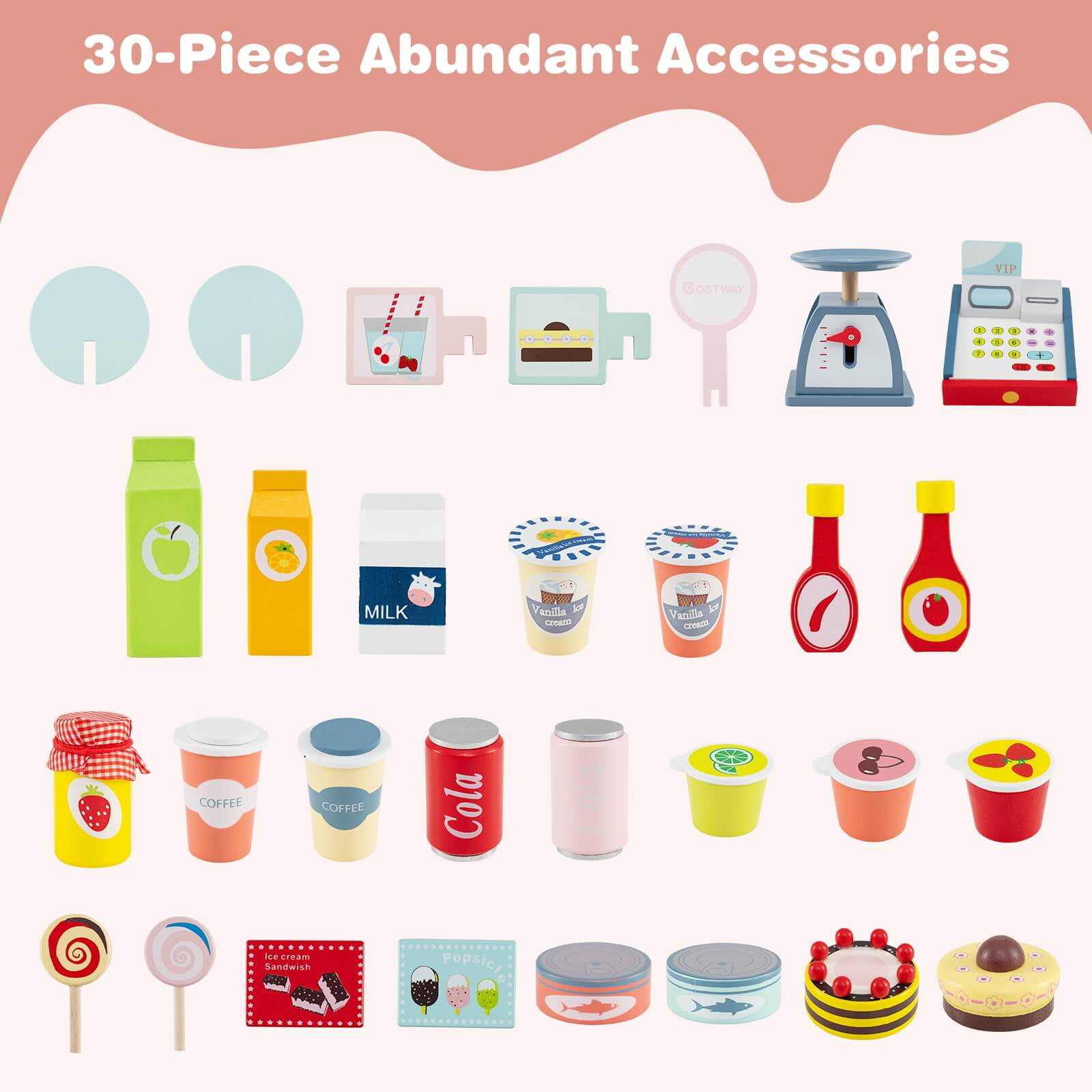 Costway Kids Snacks and Sweets Food Cart Play Set with 30 Accessories (Pink, 30 Piece Set) v72kq