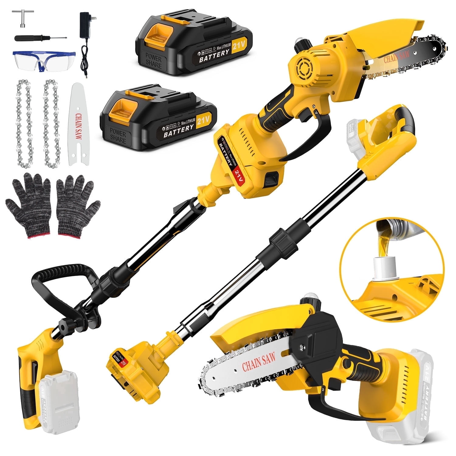 Tanbaby Cordless Pole Saw, 8-Inch Brushless Mini Chainsaw with Extension Pole, 21V Electric Tree Trimmer (Yellow, 5.4 ft) 5qsih