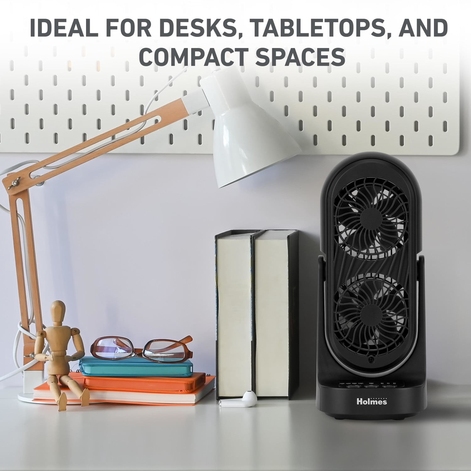 Holmes DuoBreeze Desk Fan with Dual Blade Technology, 3-Speed Settings, Adjustable Tilt and Oscillation (Black, 13 in) w9rjj
