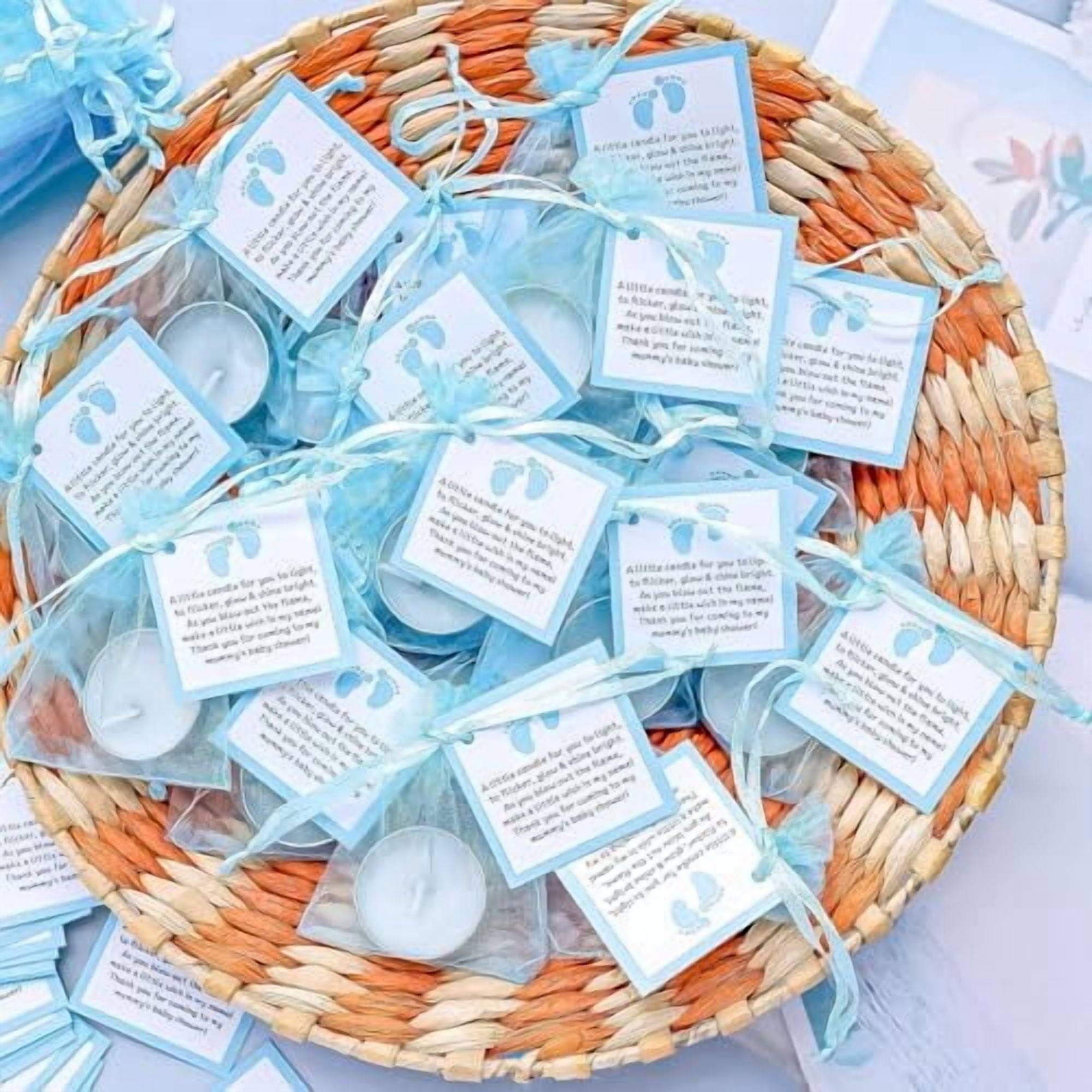 NIANAN Tea Light Candles Party Favor Set with Blessing Cards and Organza Bags (Blue, 50 Pack) vdun4