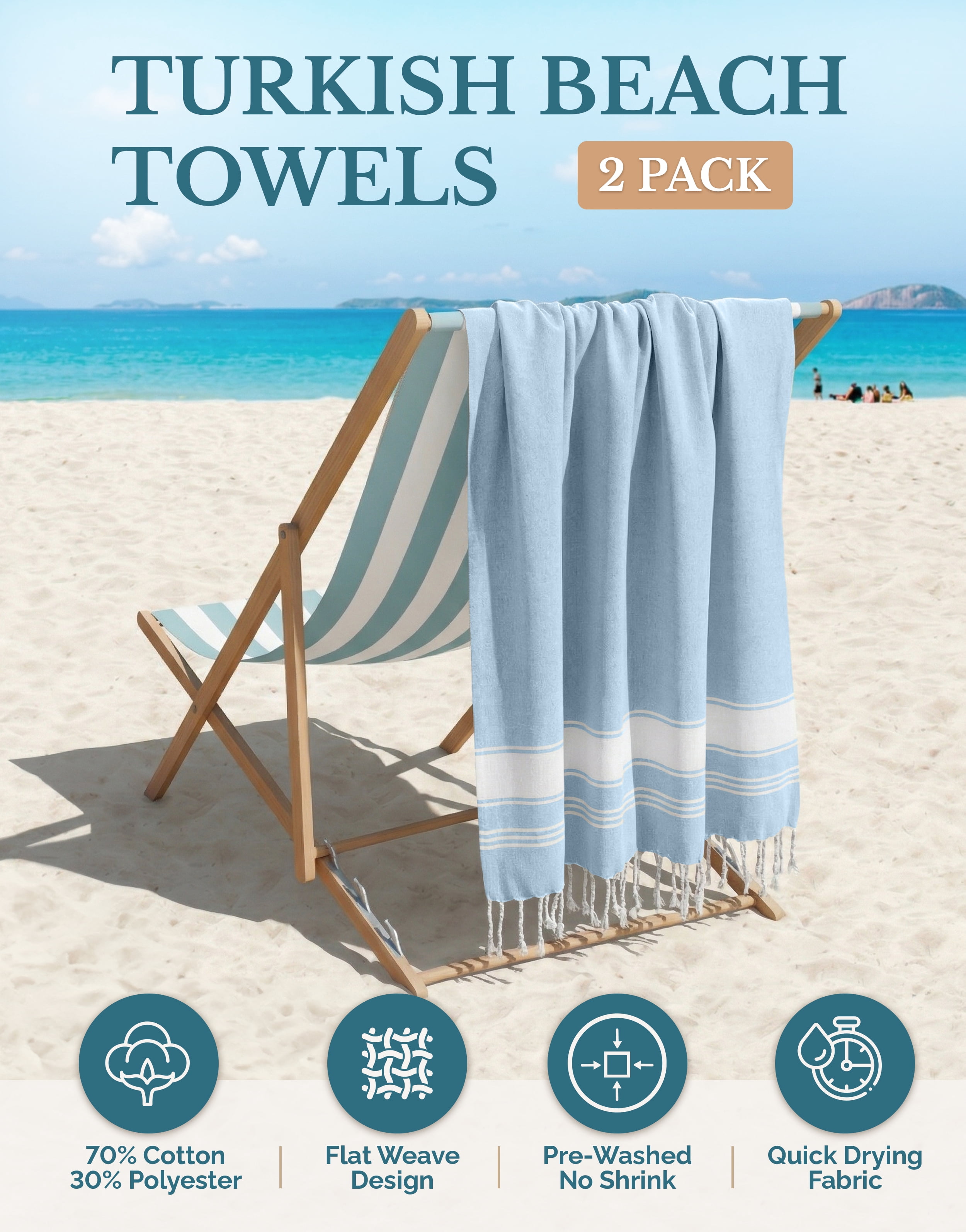 Casa Platino Beach Towels, Lightweight Sand-Free Quick-Dry Cotton Pool Towels (Sky Blue, 39 in x 71 in, 2 Pack) pso1u