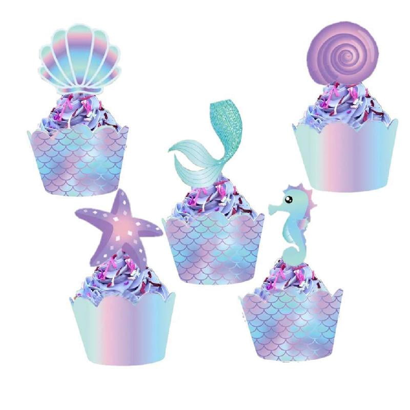 Zeiwohndc Mermaid Cupcake Toppers and Wrappers Set for Birthday Party Decorations (20 Pack) 461sx
