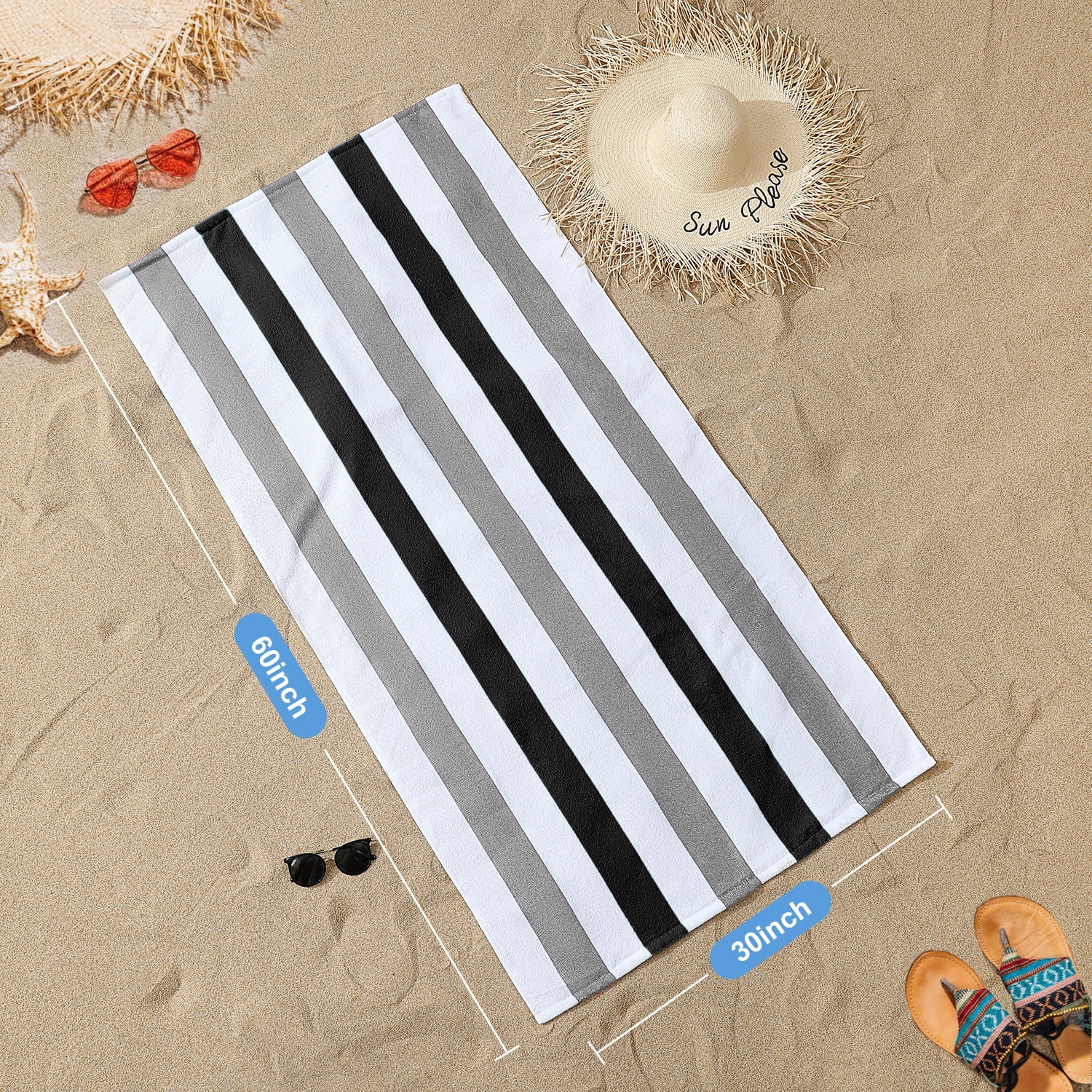 Jessy Home Stripe Beach Towel Set, Quick-dry Sand-resistant Soft Bath Towels (Black, 30 in x 60 in, 4 Pack) 66w41
