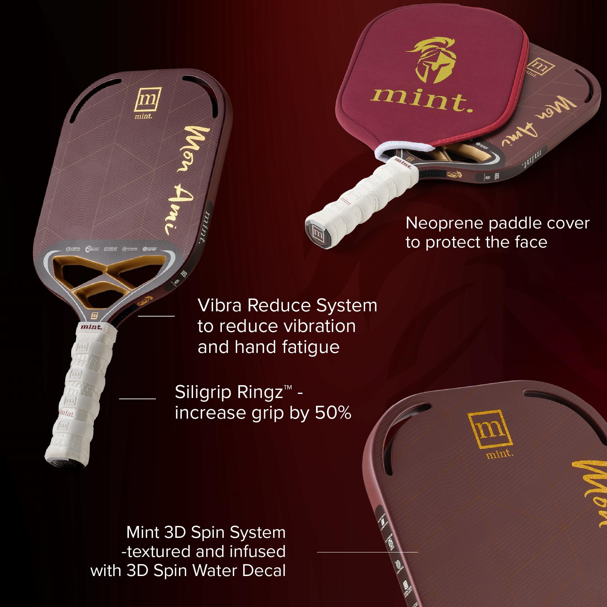 Mint Mon Ami Pickleball Paddle, Kevlar and Carbon Fiber Hybrid, Edgeless Design with 3D Textured Surface (Red, 18mm) enegg