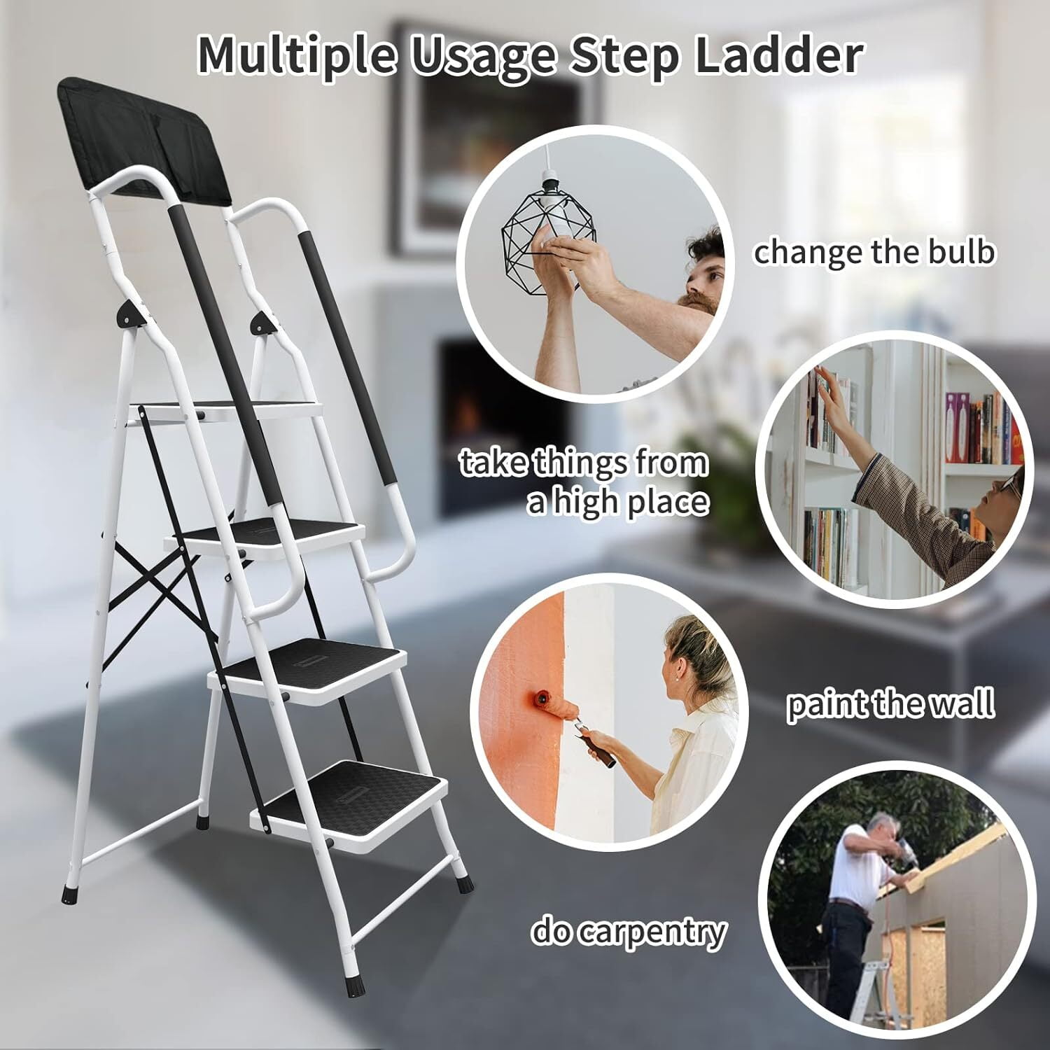 Whifea 4-Step Folding Ladder with Handgrip and Anti-Slip Wide Platform (330 lb Capacity) 0119t