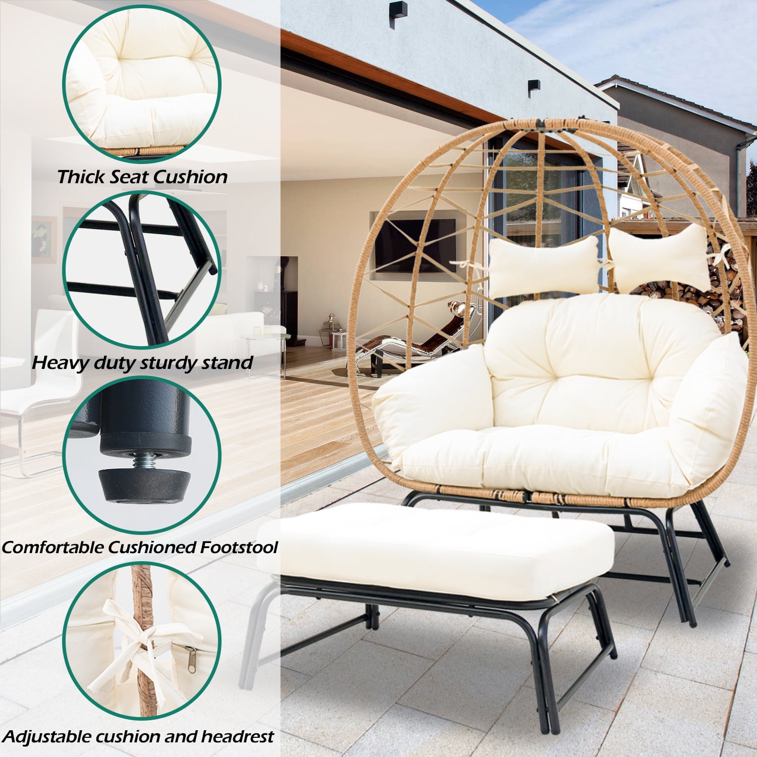 FKS LIFE Egg Basket Chair with Ottoman and Cushion (Yellow, 680 lb Capacity) bjpv7