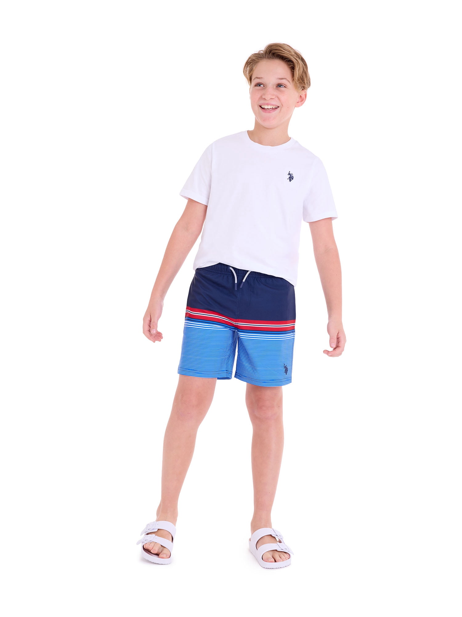U.S. Polo Assn. Boys Striped Swim Shorts Quick-Dry UV Protection (Blue, Size 4-18) l5w8s