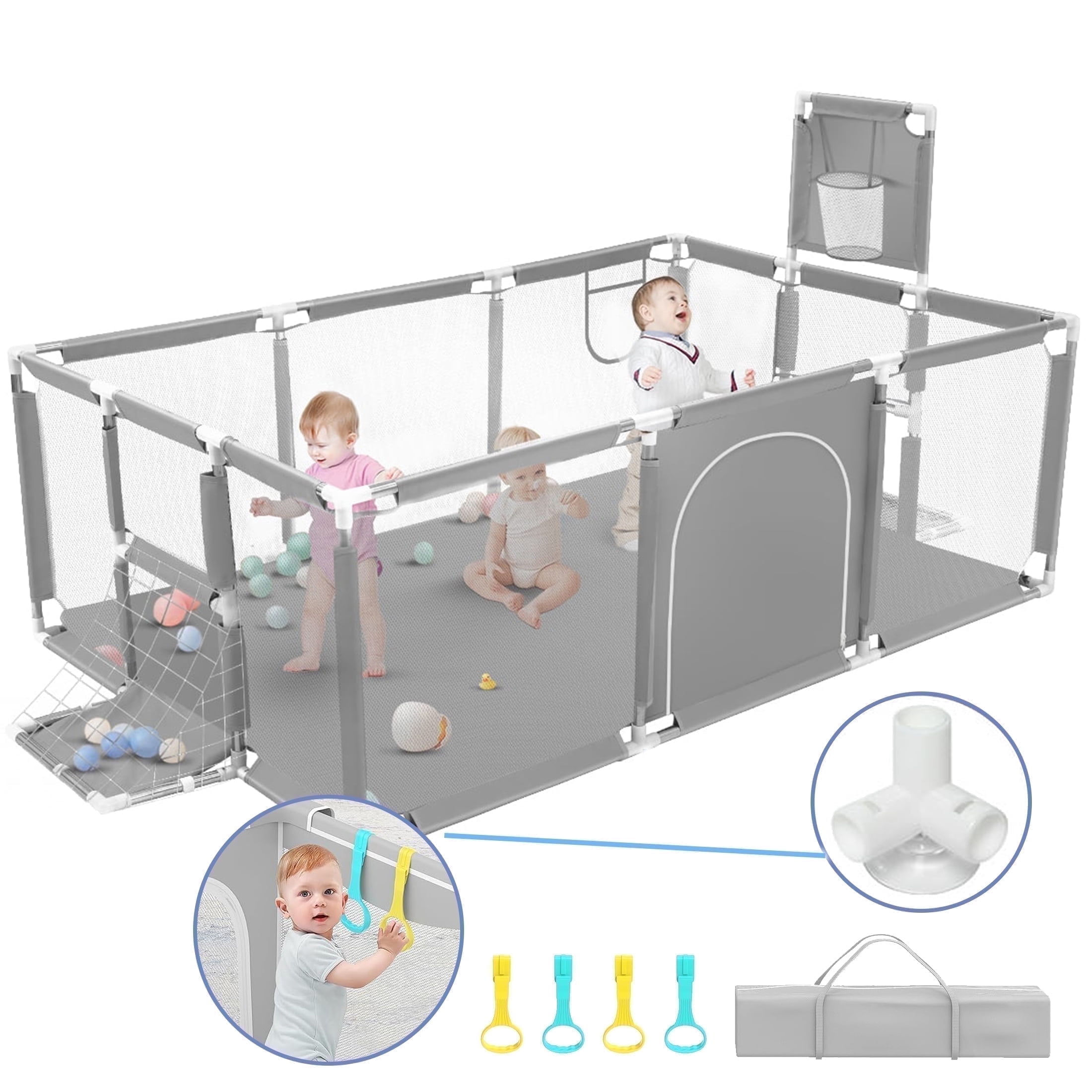 HioHa Extra Large Baby Playpen, Sturdy Indoor and Outdoor Safety Enclosure with Zippered Door (Grey, 71 in x 59 in) wt7wa