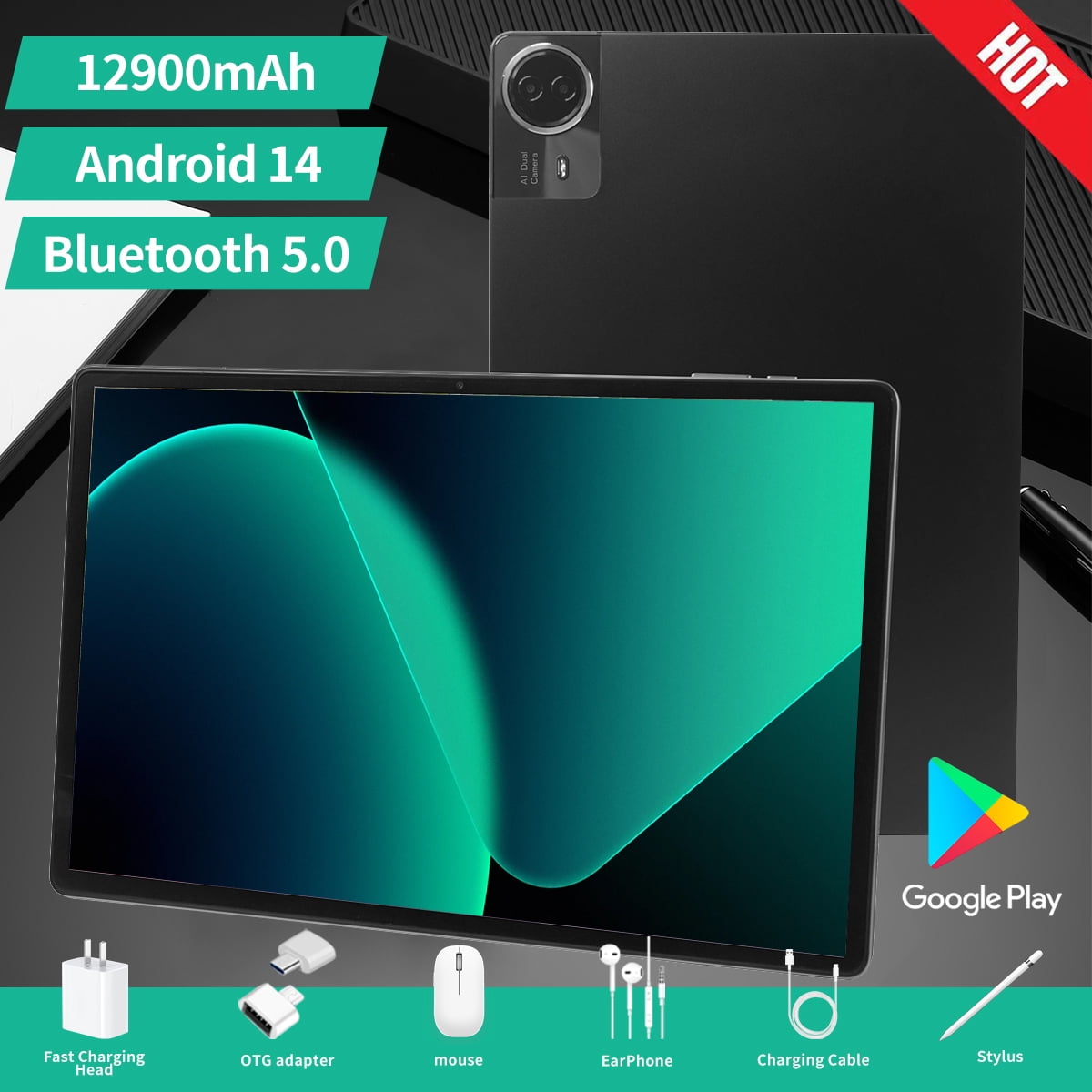 JWEIBK 14 Inch Android 14 Tablet 2-in-1 Laptop with Keyboard, 20GB RAM 1000GB ROM, 5G Wi-Fi High-Performance Computer (Black, 14 in) 5f9i4
