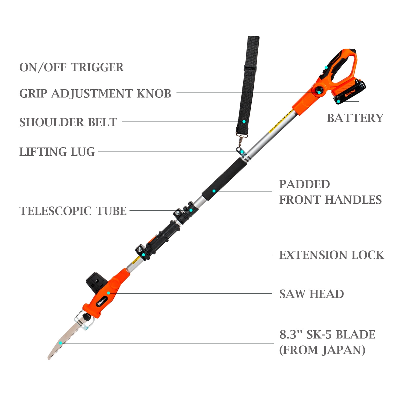 Ukoke 20V Cordless Extendable Pole Pruning Saw, Heavy-Duty Electric Tree Trimmer with 8.3 in Japanese SK-5 Blade (Orange, 7 lb) nbh15