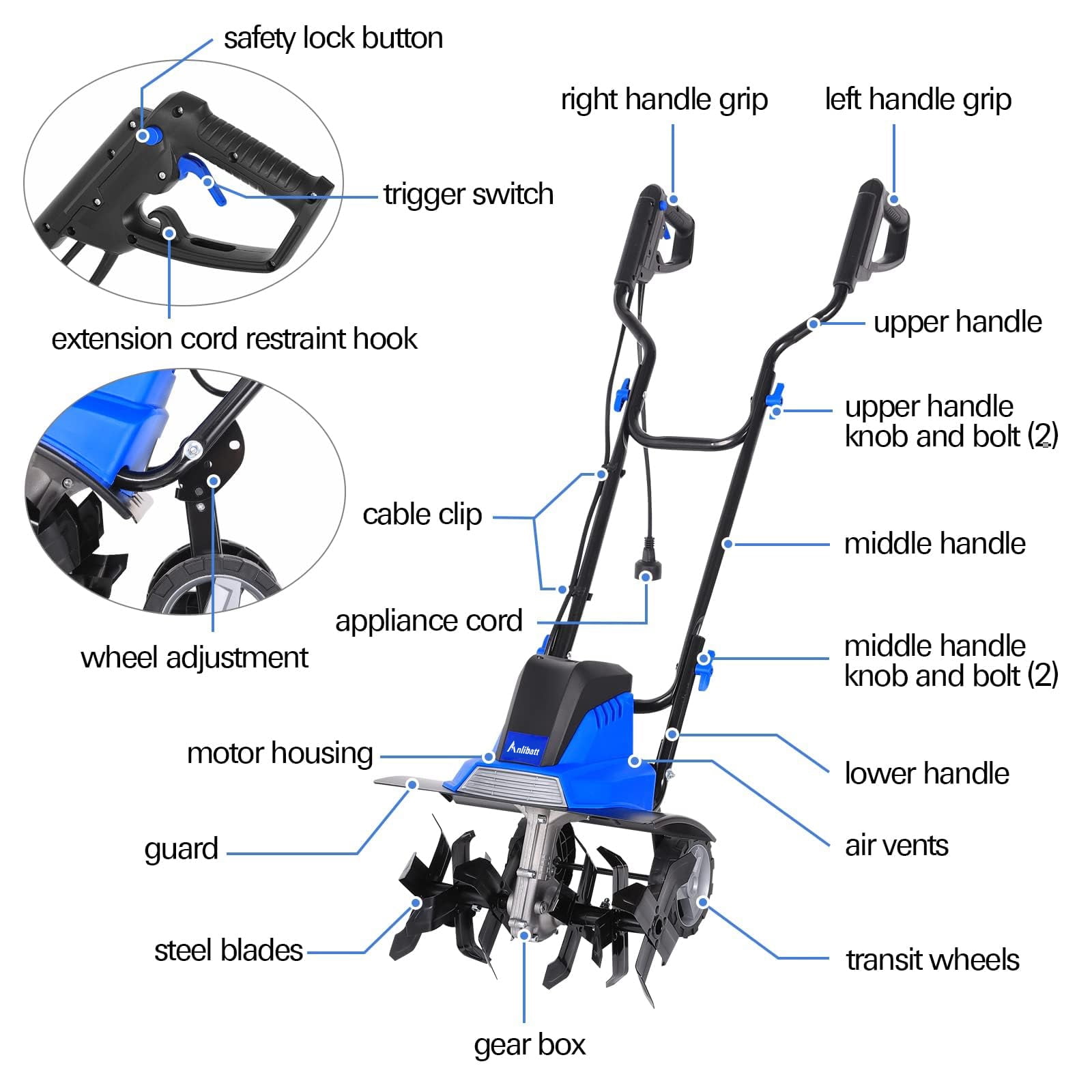 ANLIBATT Electric Garden Tiller Cultivator, 13.5 Amp 16 in Wide Rototiller with 6 Steel Tines and Adjustable Wheels z4aur