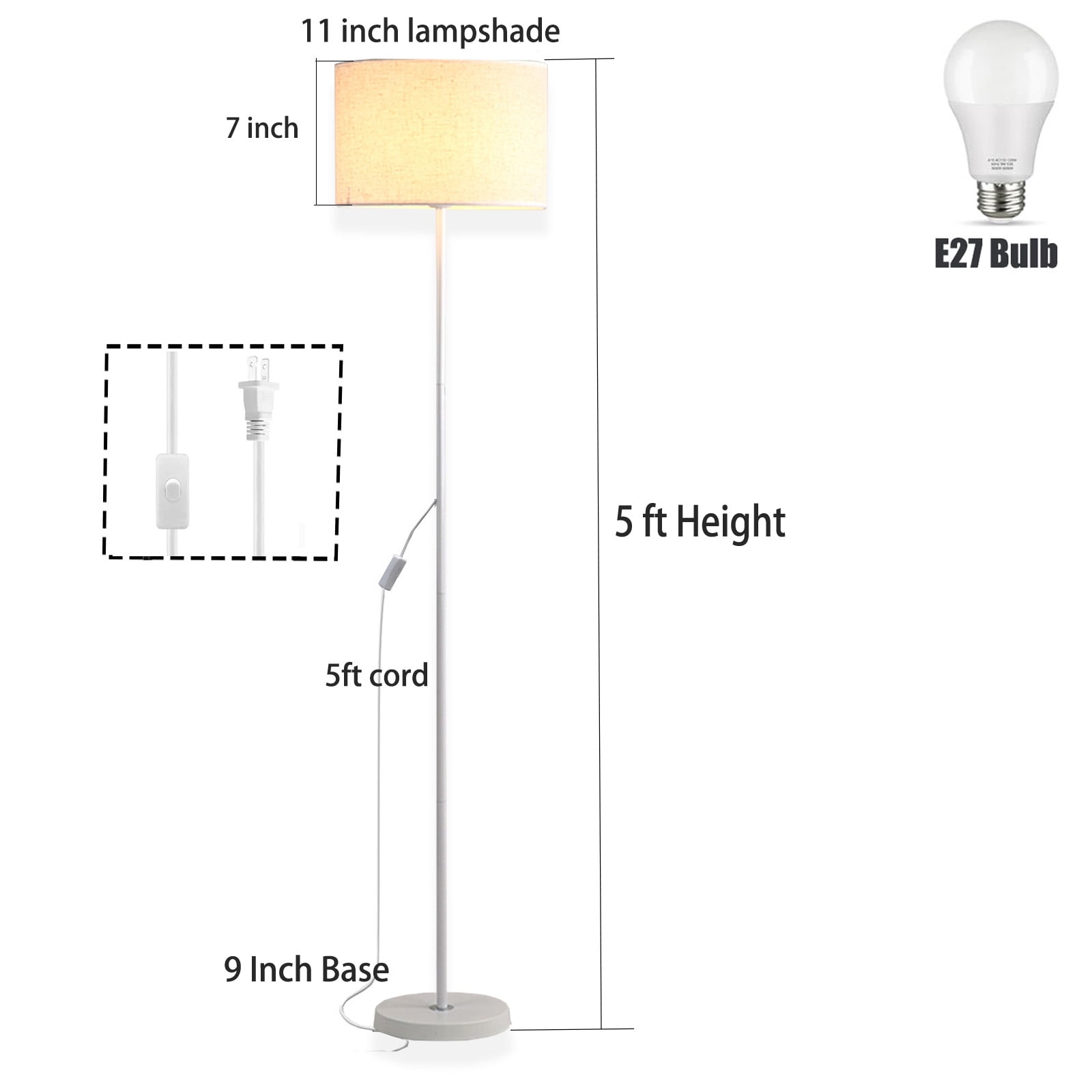 Susuzi 60 inch Adjustable LED Floor Lamp, Dimmable Standing Light for Living Room and Bedroom (White, 60 in) q09p7
