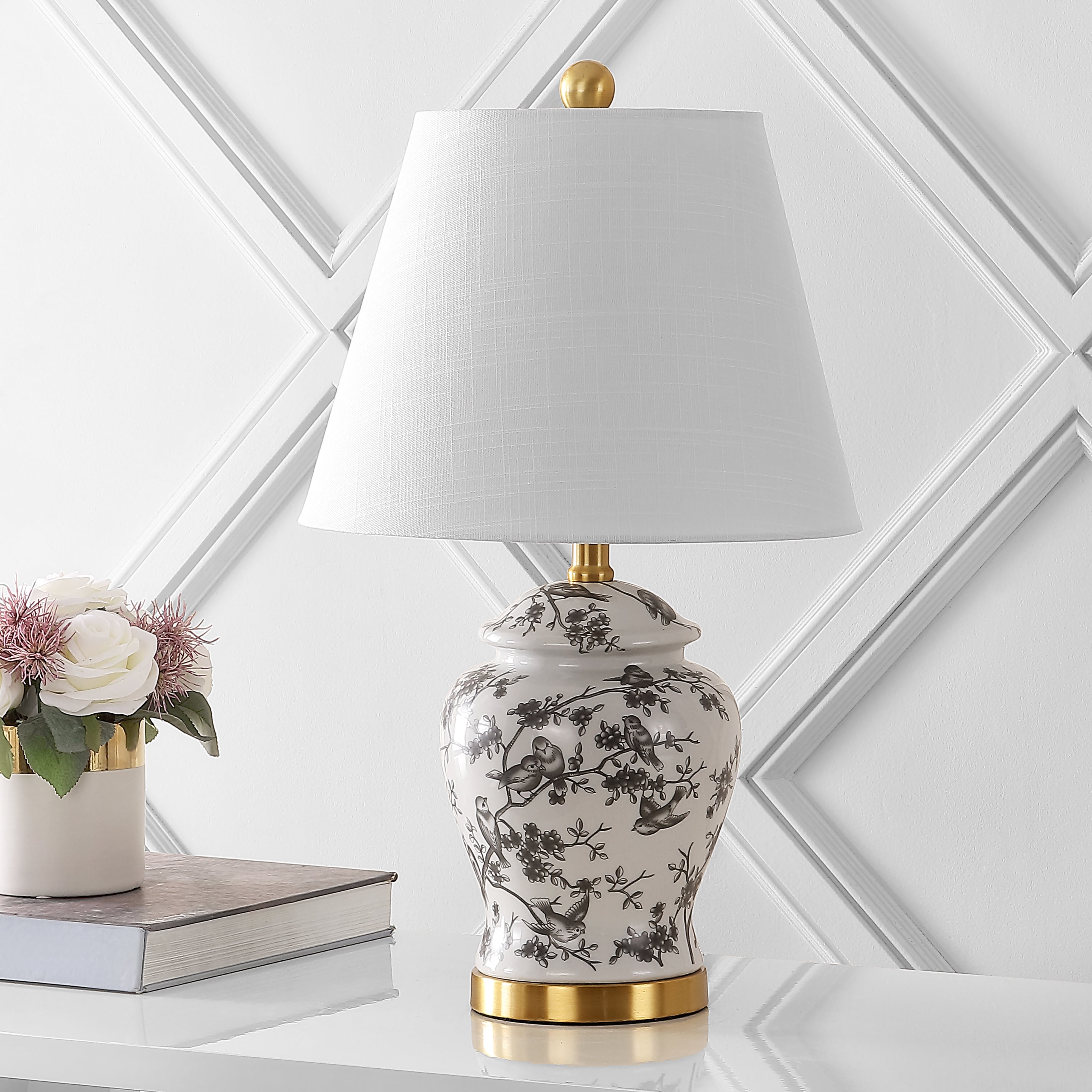 JONATHAN Y Penelope Chinoiserie Ginger Jar LED Table Lamp, Traditional French Country Ceramic Decor (Gray/White, 22 in) acu2v