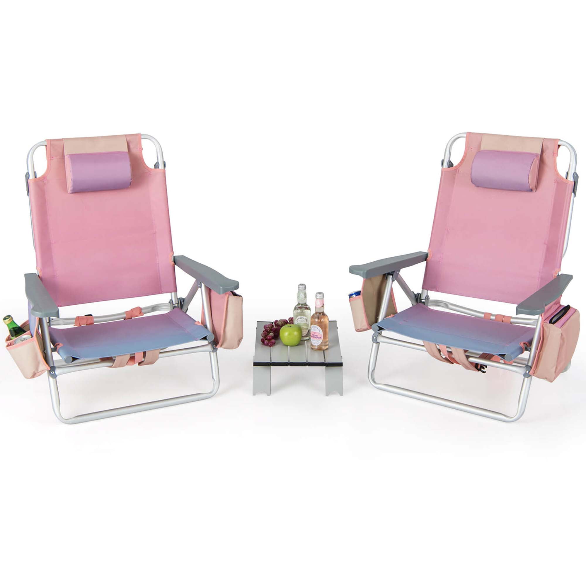 Costway 2-Pack Folding Backpack Beach Chair and Table Set with 5-Position Reclining (Pink) yajnw