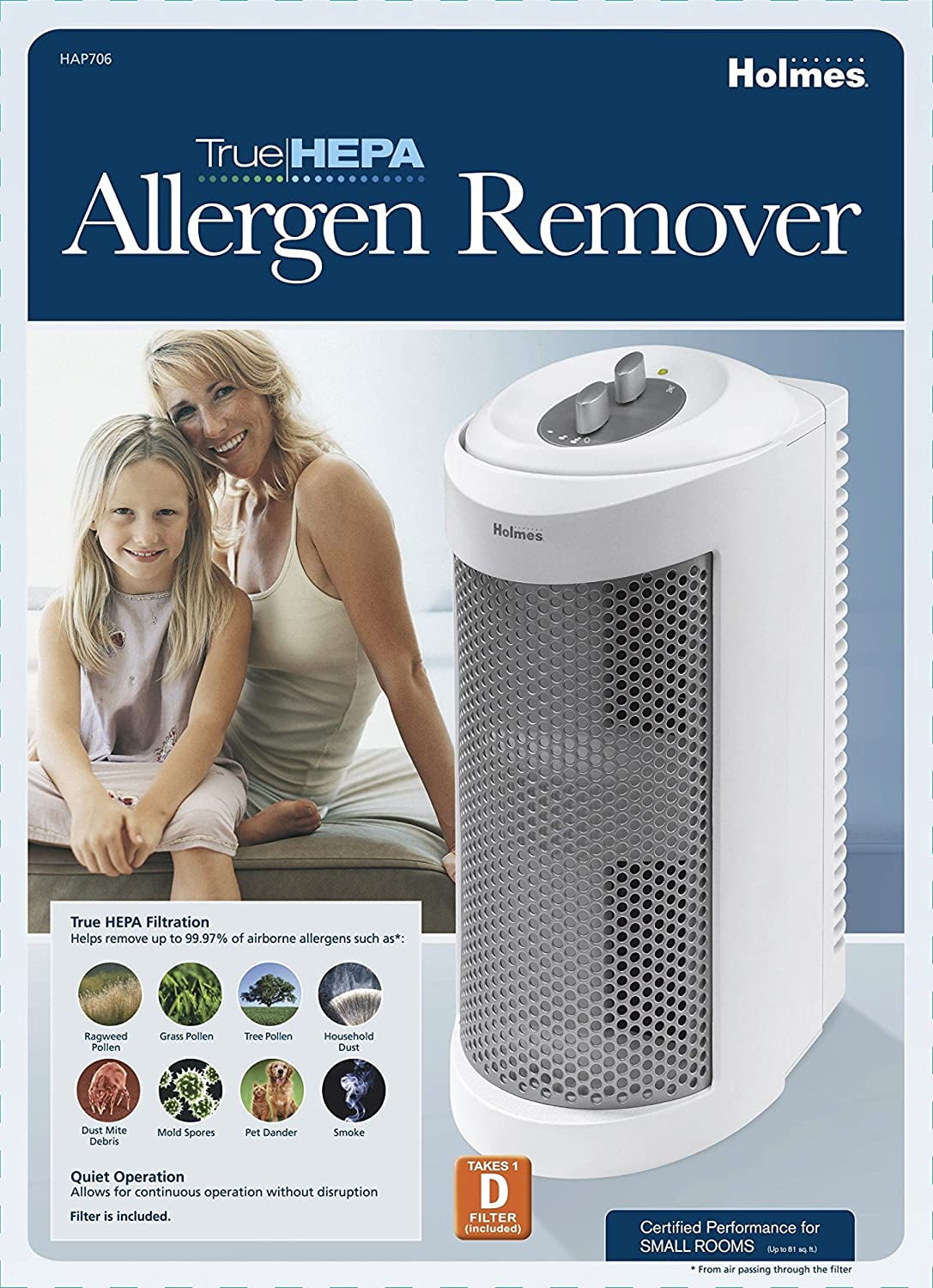 Holmes True HEPA Allergen Remover Mini Tower Air Purifier for Small Spaces (White, 85 sq ft) jy65e