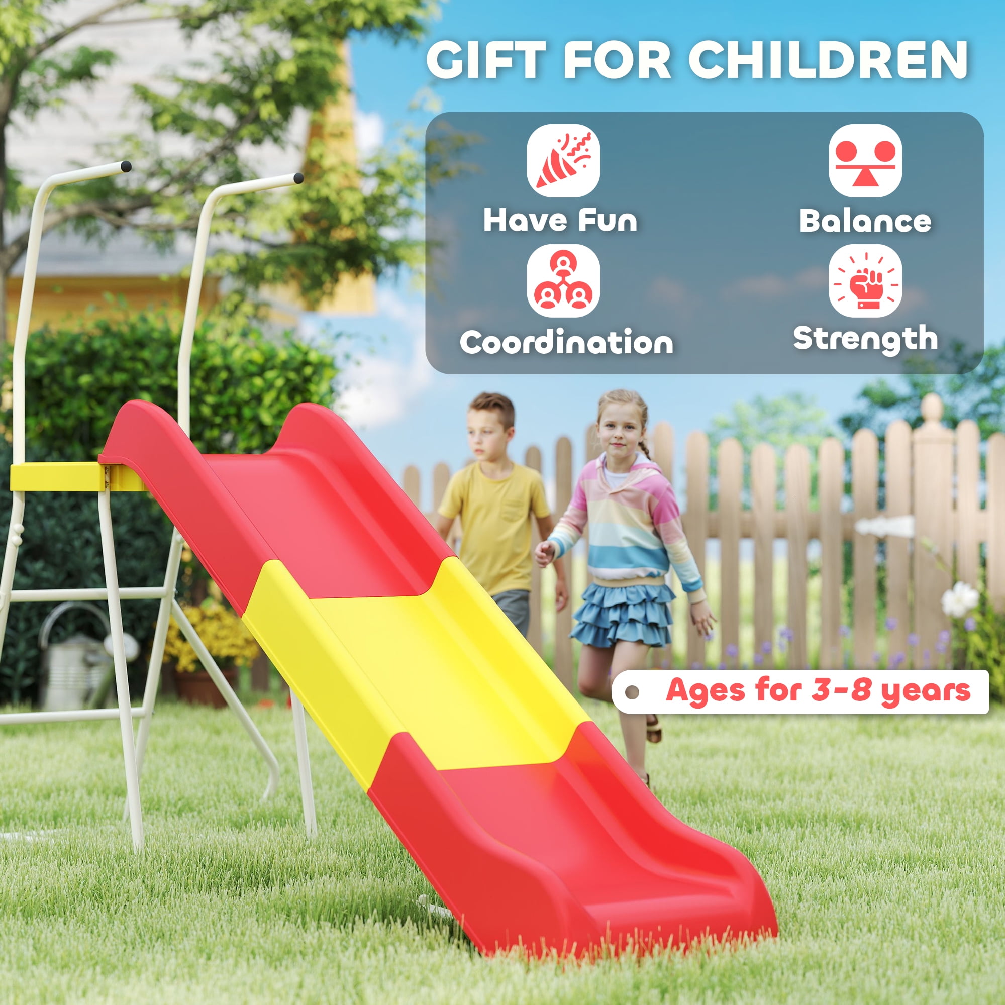 Qaba 6ft Freestanding Metal Slide for Kids with Climbing Ladder (Red, 97.6 in L x 49.2 in W x 59.8 in H) 7qv0h