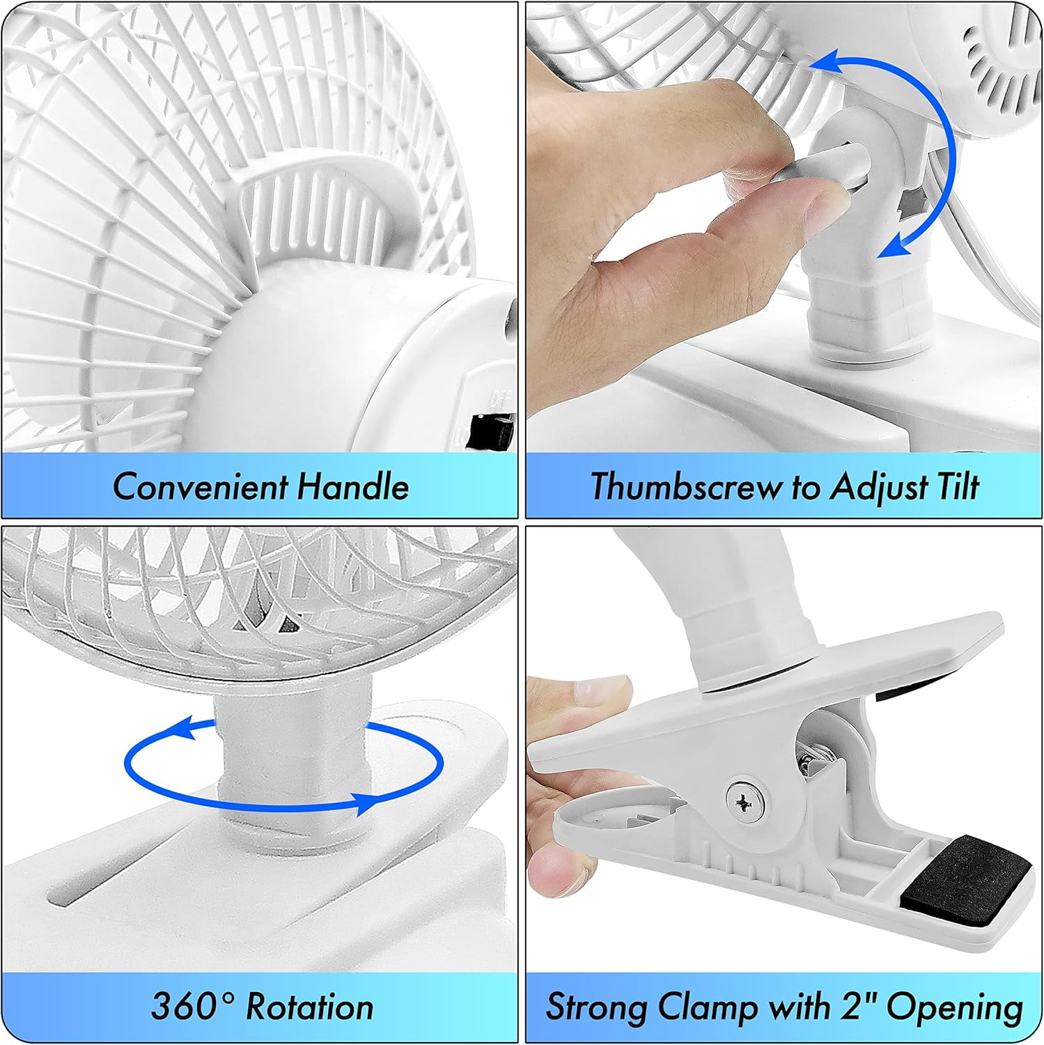 EZ-Chill 6 in Personal Clip or Desk Fan with Adjustable Tilt and 2-Speed Settings (White, 6 in) 4ae9m
