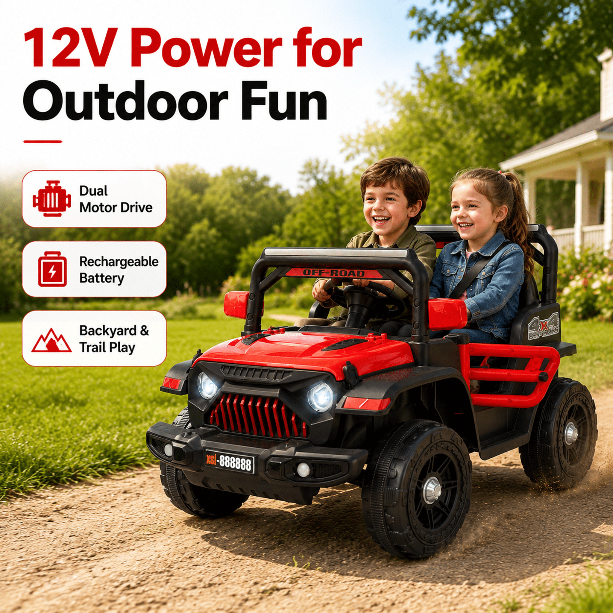 FUPOJH 12V Electric Kids Ride-On Jeep with Remote Control, Bluetooth Music, and 4-Wheel Suspension (Red, 66 lb Capacity) 3f3rs