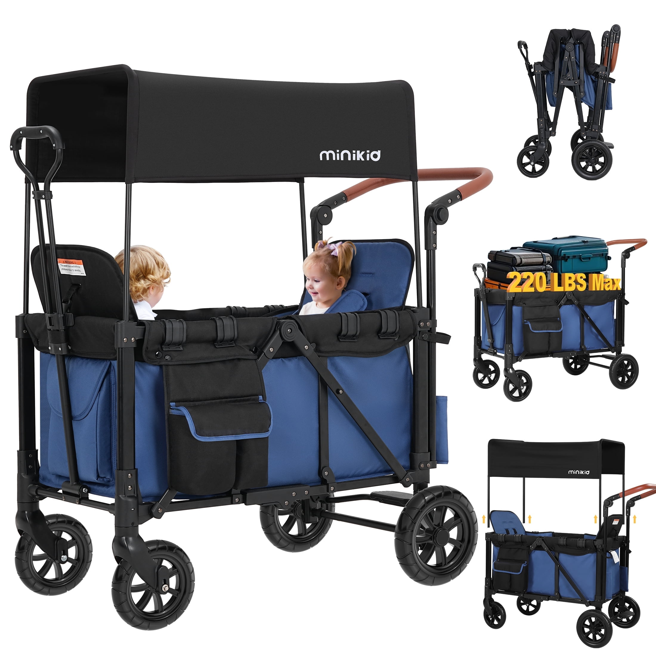 Minikid 2-Seater Wagon Stroller with Canopy and 5-Point Harness (Blue, 38 lb) jnqvp
