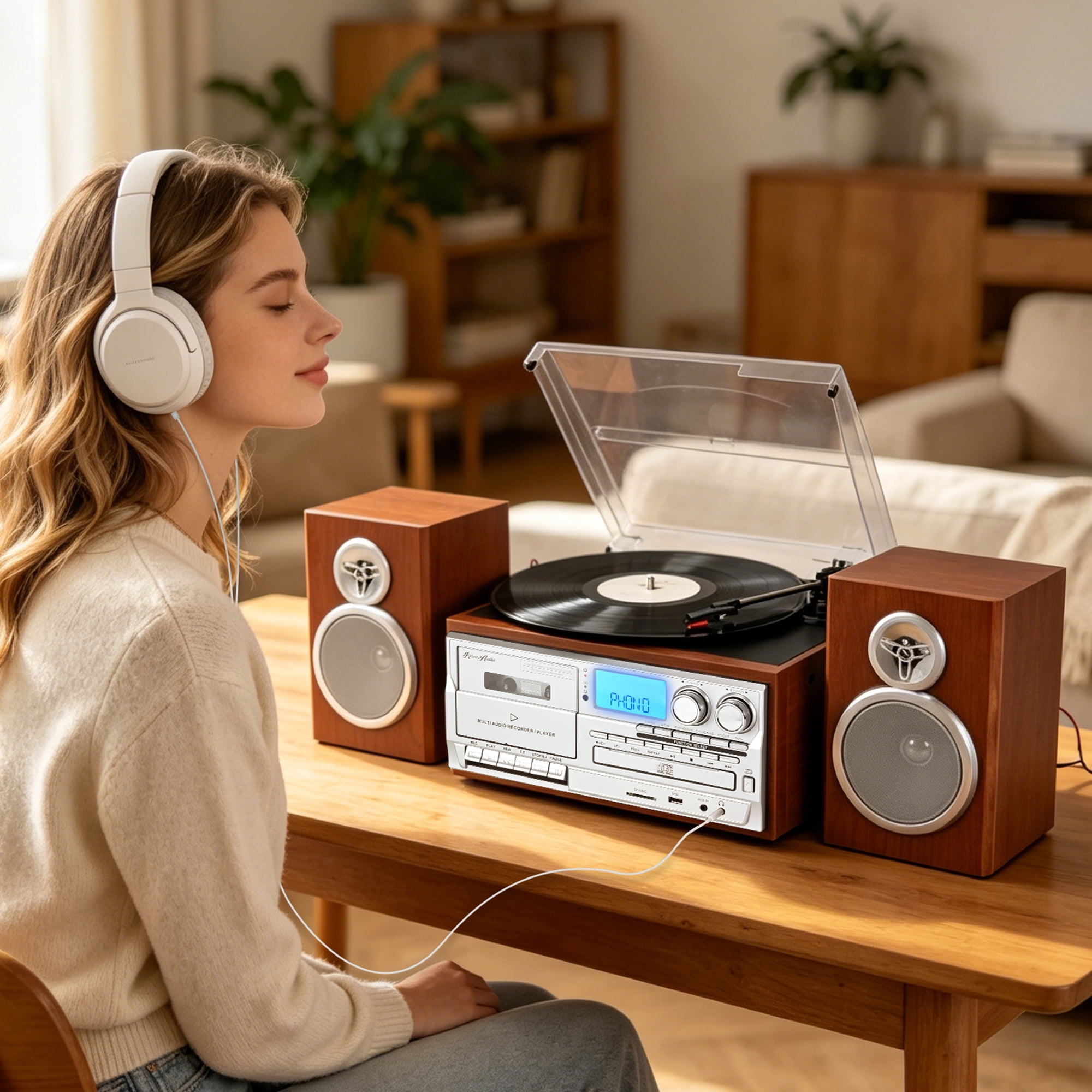 RetroAudio 10-in-1 Vintage Turntable System with Dual External Speakers, Bluetooth Connectivity, CD and Cassette Player (Brown) ltp6i
