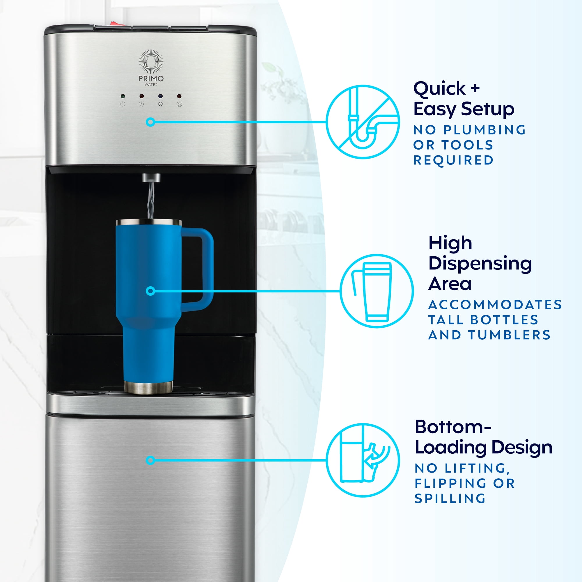 Primo Deluxe Bottom Load Water Dispenser, Hot Cold and Room Temperature (Black and Stainless, 5 gal) ay0sy