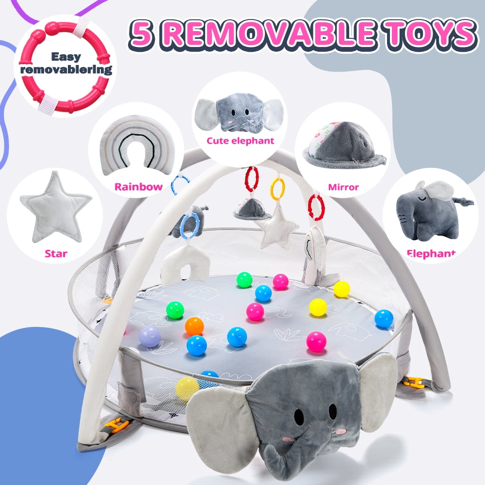 JoyStone 5-in-1 Elephant Baby Gym Play Mat with 30 Balls, Sensory Tummy Time Activity Center (Grey) 396w7