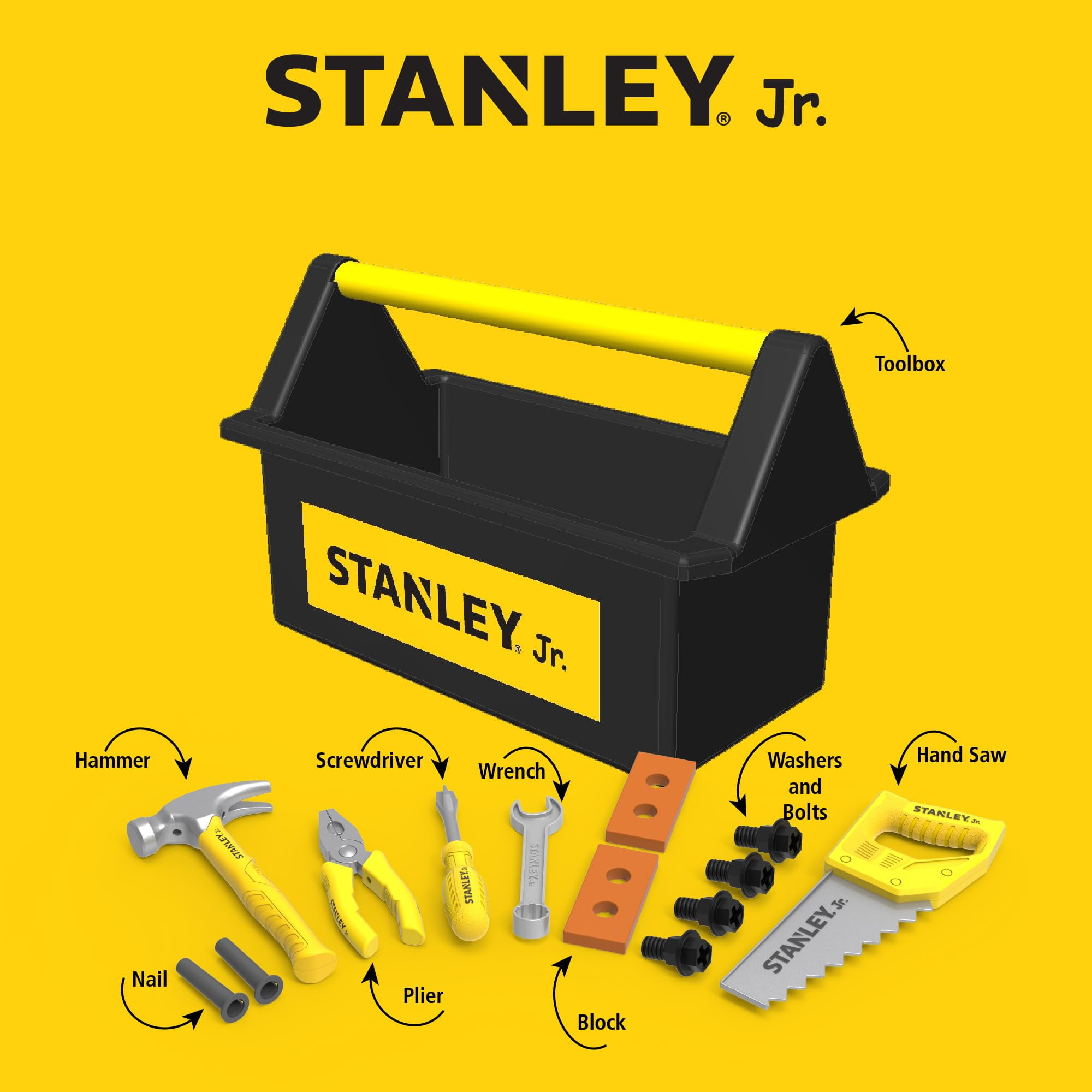 Red Toolbox Stanley Jr. Kids Tool Set (18-Piece, Yellow) x9xtj