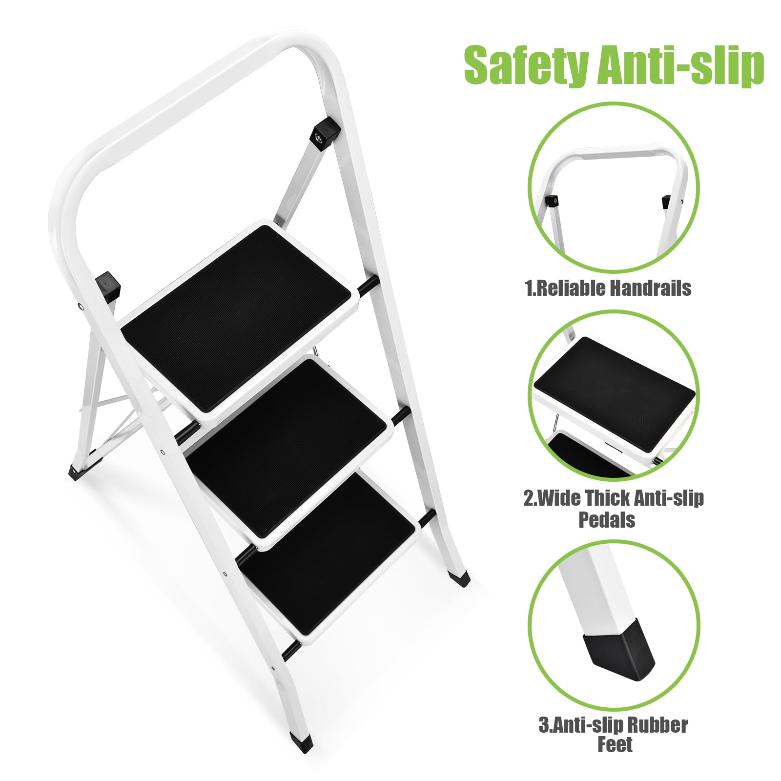 HBTower 3 Step Ladder, Folding Step Stool with Anti-Slip Pedals and Handrails, Heavy-Duty Steel Frame (White, 330 lb Capacity) ydqro