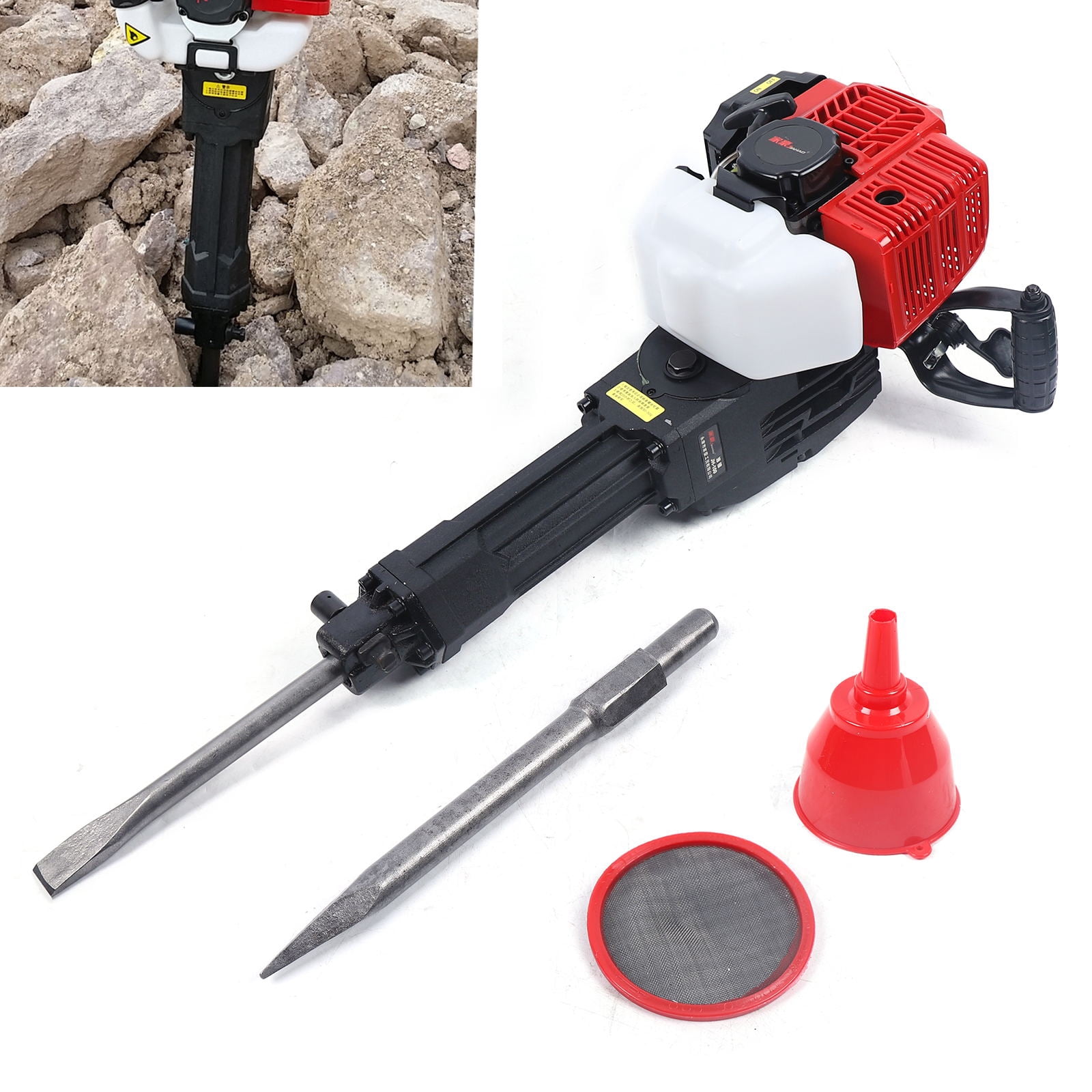 Wuzstar 52cc 2-Stroke Gas Powered Demolition Jack Hammer Concrete Breaker with 2 Chisels (Red, 6500 RPM) ss6ms