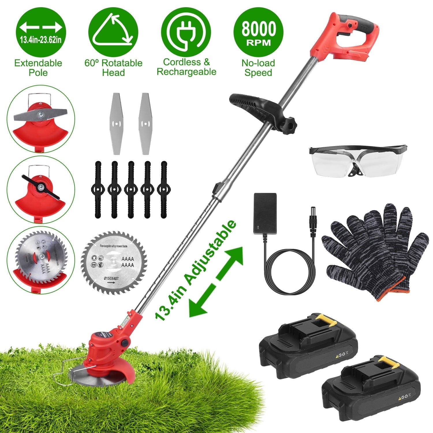 TeqHome 21V Cordless String Trimmer Electric Weed Wacker with 2 Batteries and 8 Blades (Red, 37-50.4 in) yx5xy
