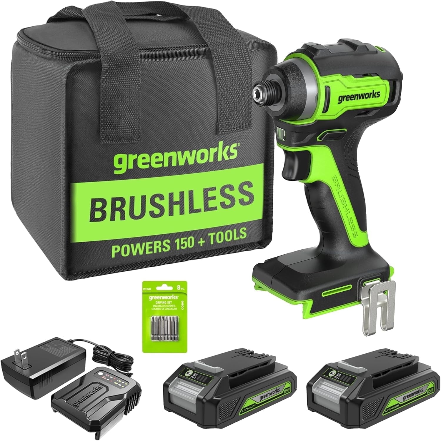 Greenworks 24V Brushless Cordless Impact Driver Kit (Green, 8-Piece Set) vj8tc