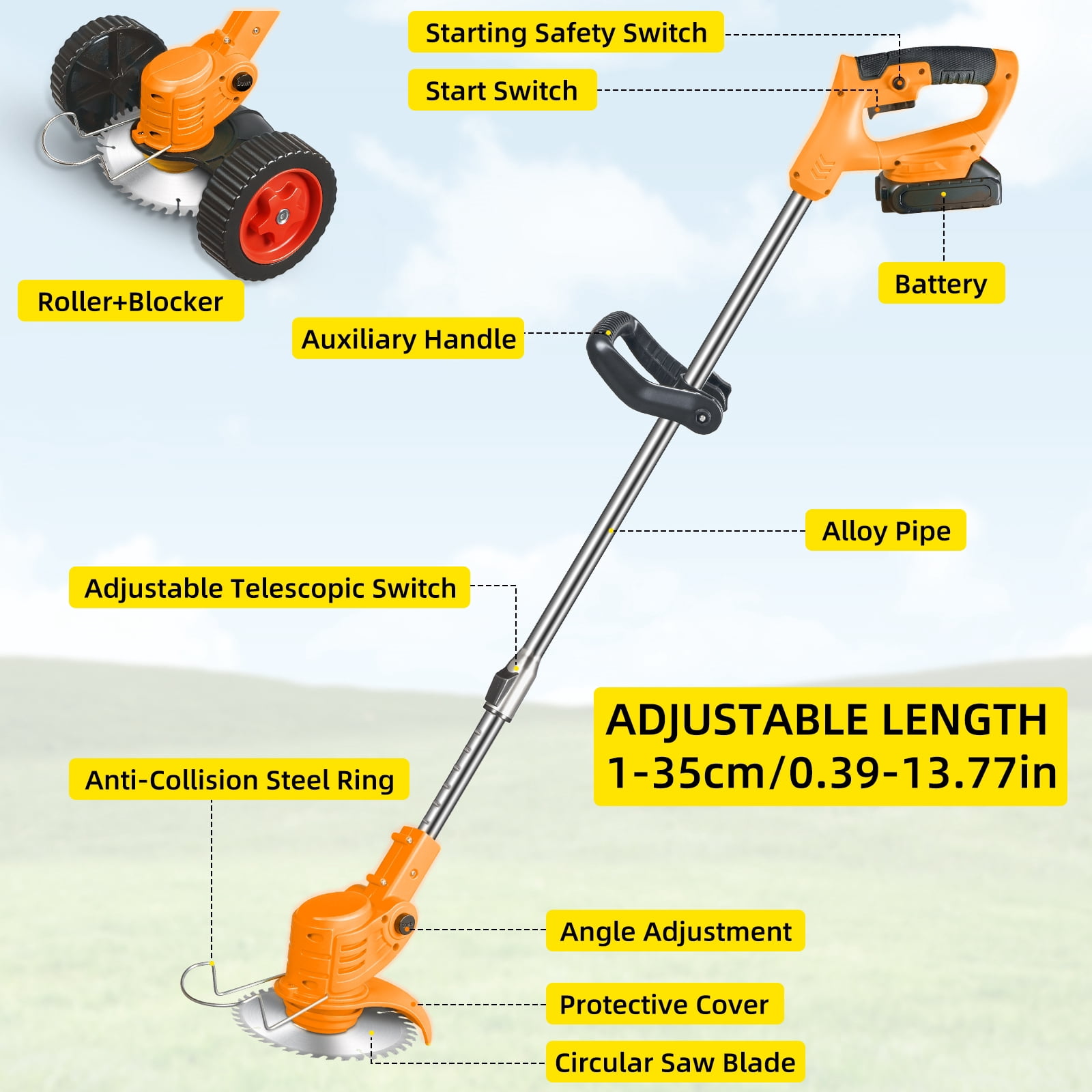 KingFurt Cordless String Trimmer with Wheels, 3-in-1 Lawn Edger and Brush Cutter (Yellow, 31 in to 45 in) a88dr