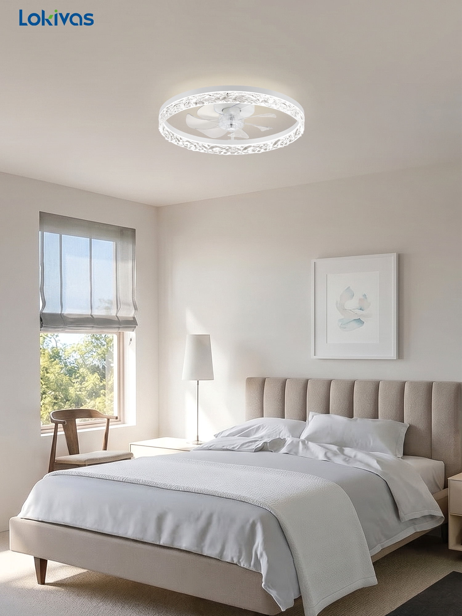 Lokivas 20 in Modern Flush Mount Ceiling Fan with Light, 6-Speed Dimmable LED, App and Remote Control (White, 20 in) zz1hg