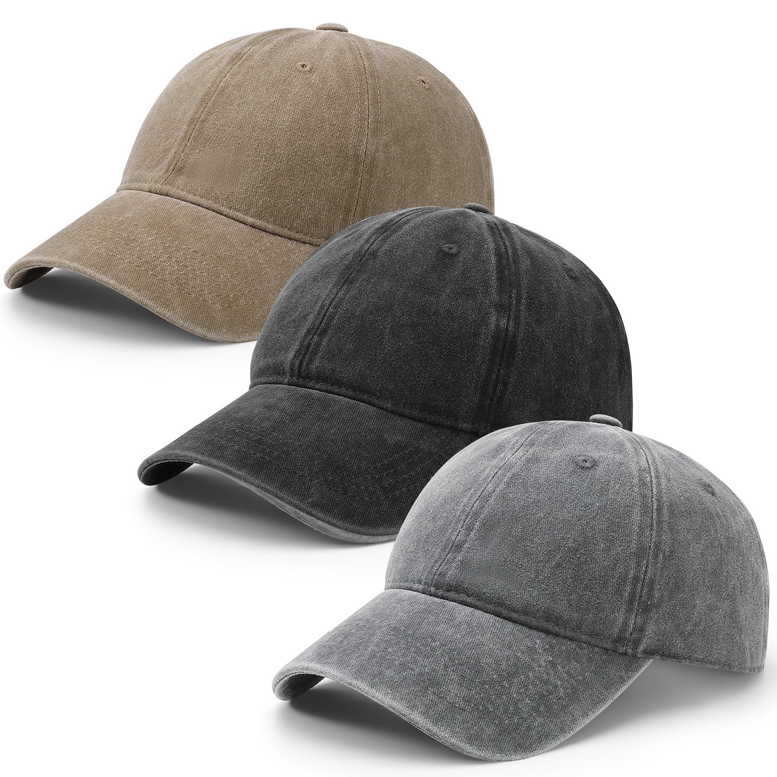 Bocaoying Washed Cotton Baseball Cap 3-Pack, Breathable Retro Adjustable Dad Hat for Men and Women (Black/Grey/Khaki, 22-23.6 in) xd5mw