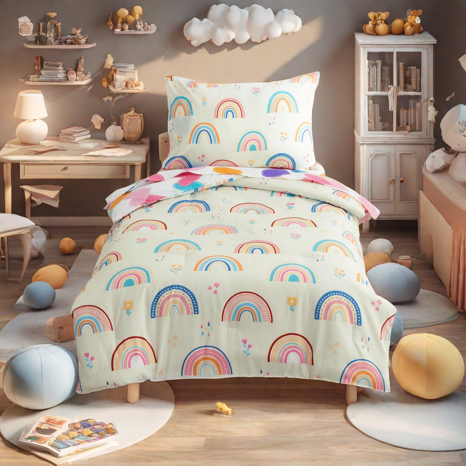 Btargot 4pc Rainbow Toddler Bedding Set, Soft Brushed Microfiber Comforter and Sheet Set (Multi-Color, Toddler Size) hp5qm