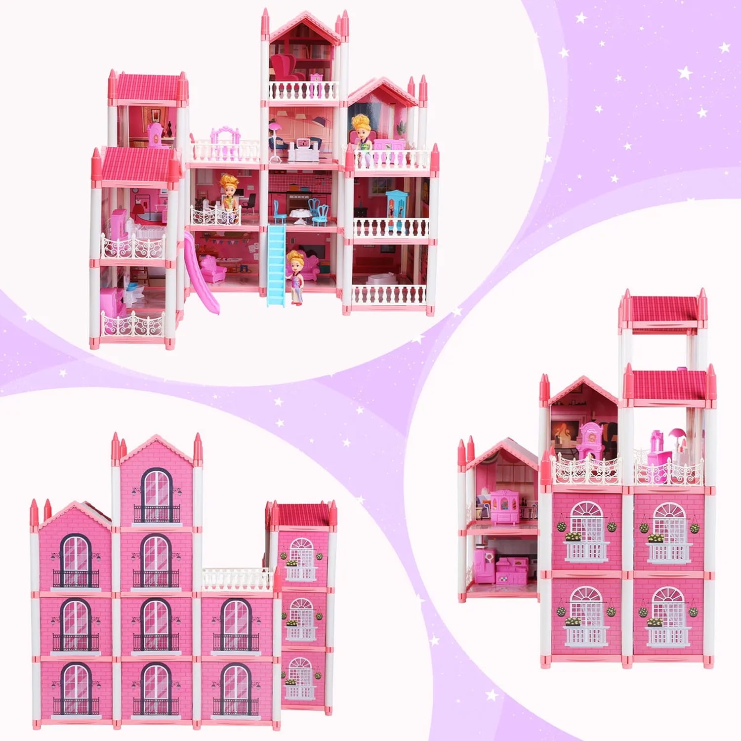 Lenbar 16-Room Dollhouse Playset with Furniture, Accessories, Colorful Lights and 3 Dolls (Pink) 7dbl9