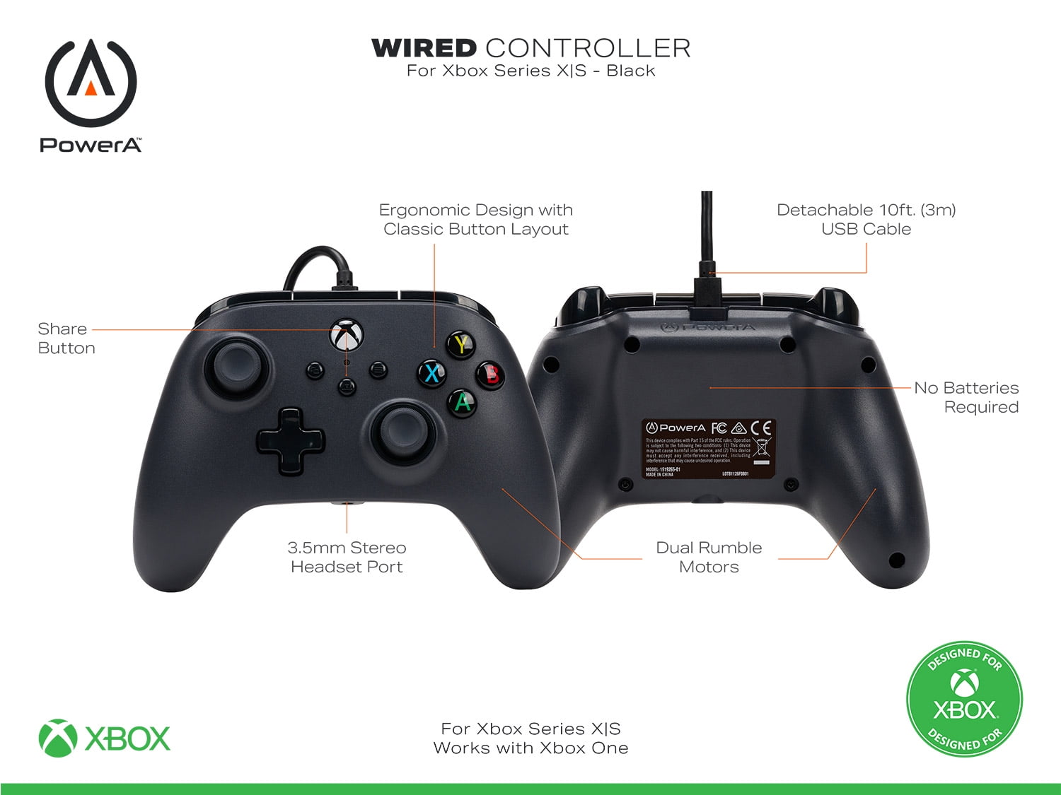 PowerA Wired Controller for Xbox Series X|S (Black, 10 ft) e6tsn - Image 2