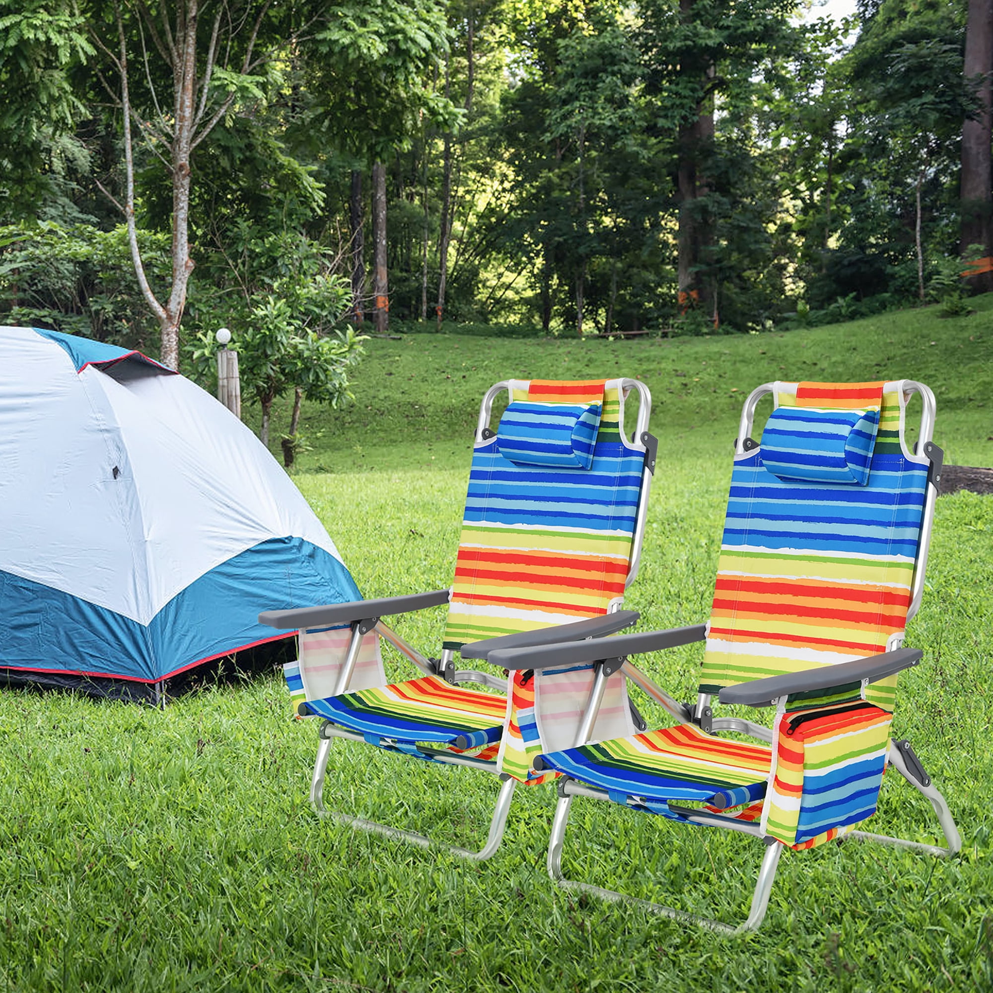 Costway 2-Pack Folding Backpack Beach Chair (5-Position Reclining Outdoor Chair with Pillow, Yellow) peyhw