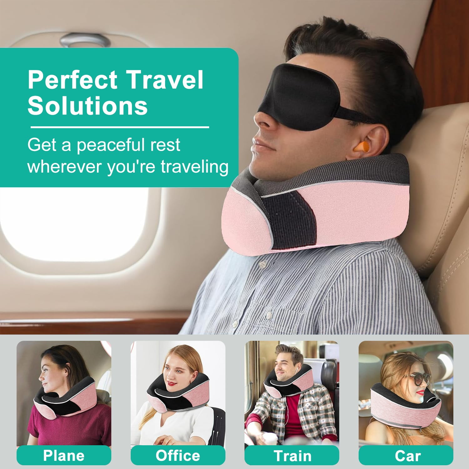 Merryhome Memory Foam Travel Neck Pillow, Ergonomic 360-Degree Support with Eye Mask and Earplugs (Pink, 0.7 lb) 5ih4y