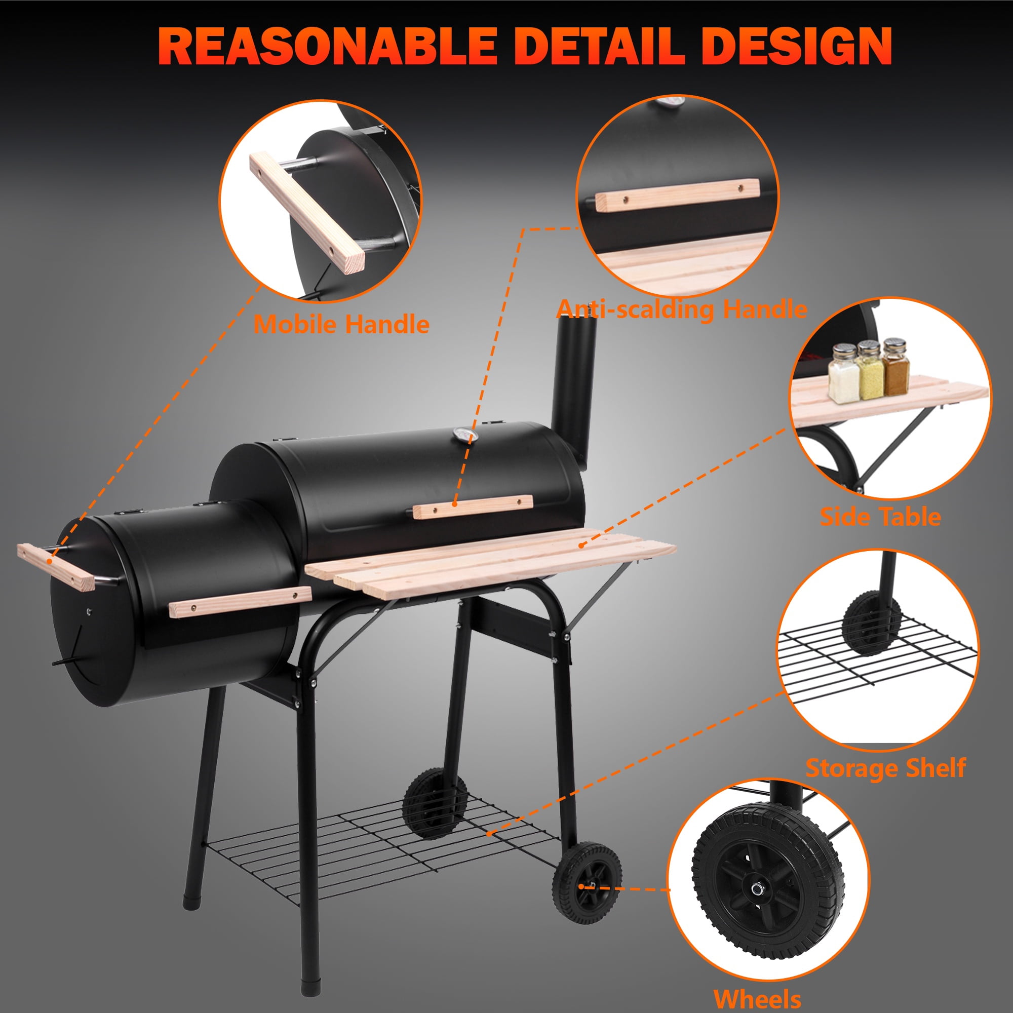 Seizeen Charcoal Grill with Offset Smoker, Outdoor BBQ Grill with Side Table (Black, 44 in x 25 in x 45 in) dq2j8