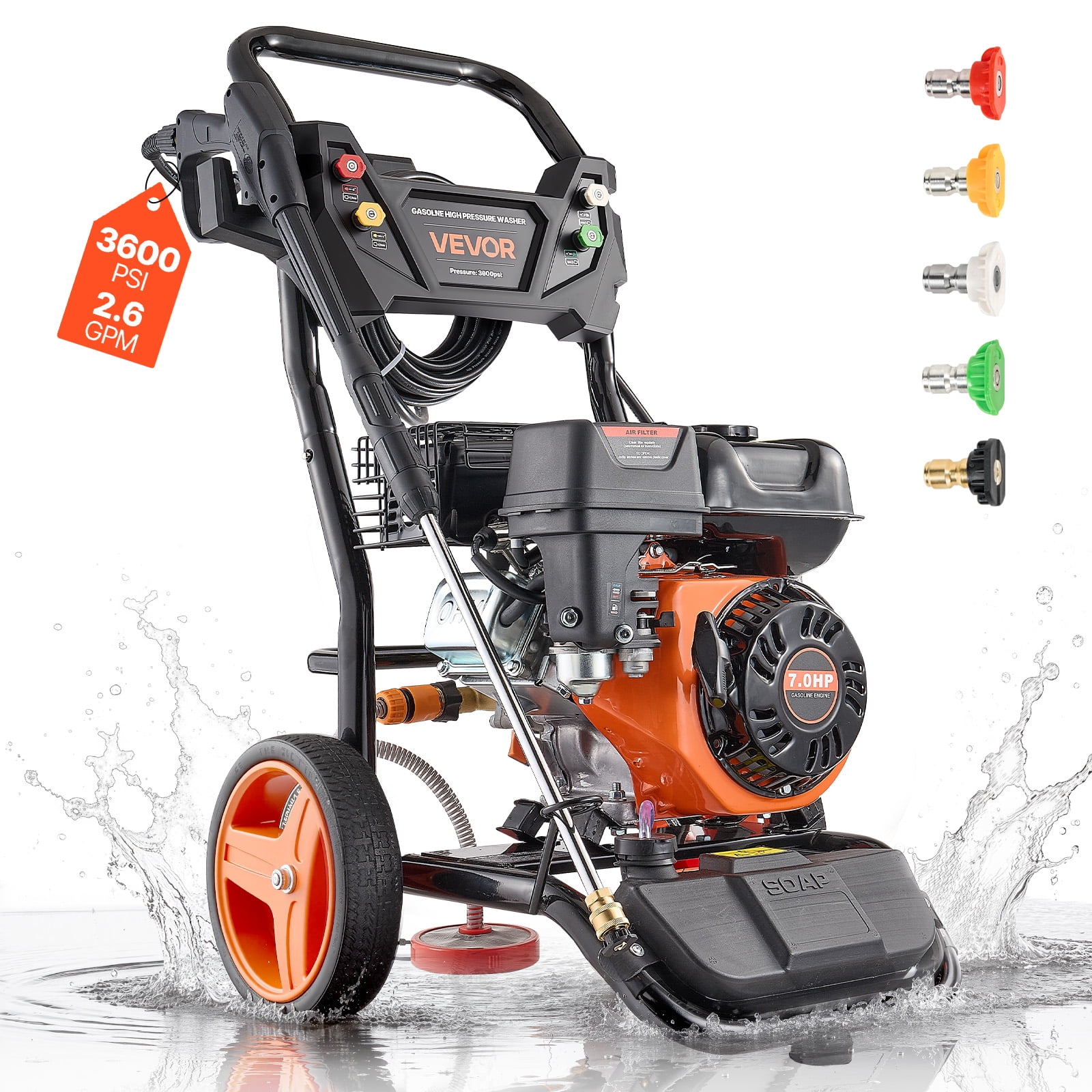 VEVOR Gas Pressure Washer 3600 PSI 2.6 GPM High-Pressure Cleaner with 5 Nozzles and 26 ft Hose (3600 PSI, 26 ft) tusnz