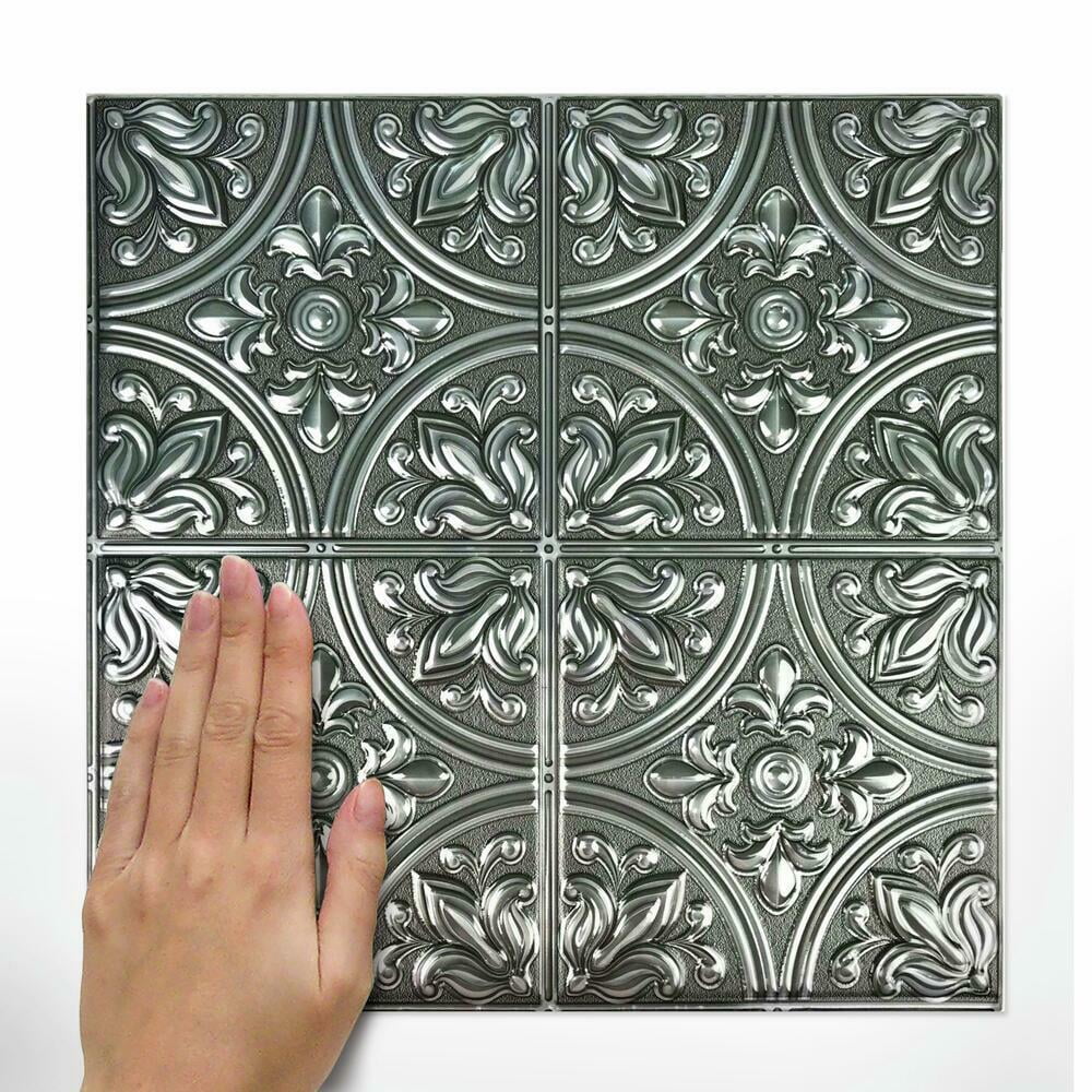 RoomMates Silver Tin Peel and Stick Backsplash Tiles (Silver, 4 Pack, 10.5 in x 10.5 in) jm6go